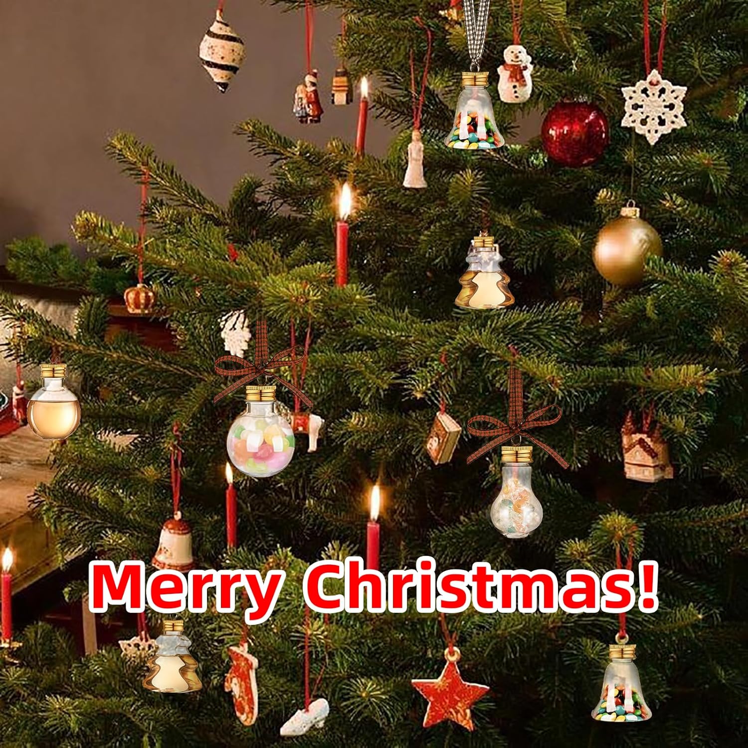 18 bolas de alcohol para fiestas navideñas, adornos de árbol de alcohol rellenables con calcomanías de cinta a cuadros de búfalo de plástico