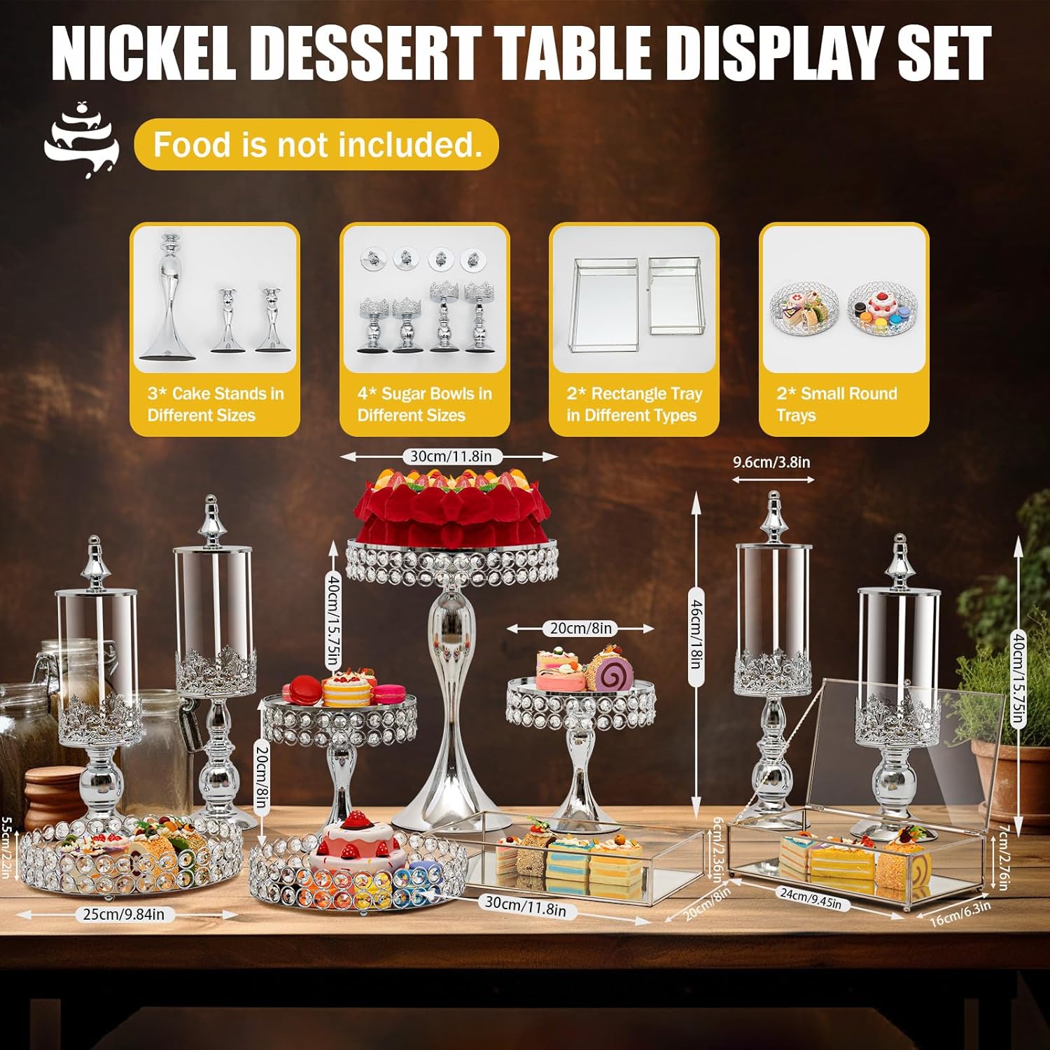 Juego de soportes para pasteles, soporte de cristal plateado para cupcakes, soporte para galletas, plato de exhibición de frutas y postres, para