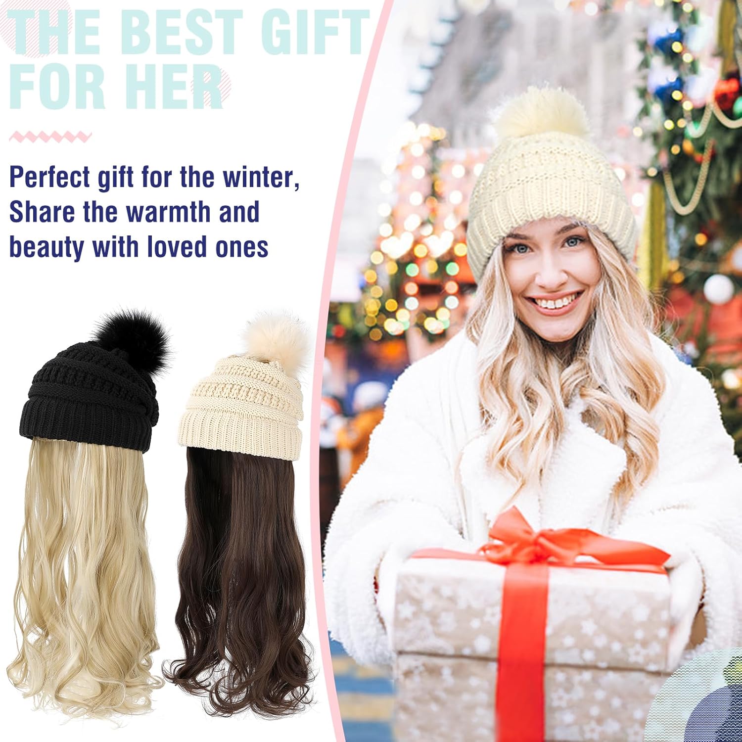 Gorro con peluca, gorro con cabello, extensiones largas onduladas, gorro de punto con pompones, 20 pulgadas, sintético, extraíble, para mujer,