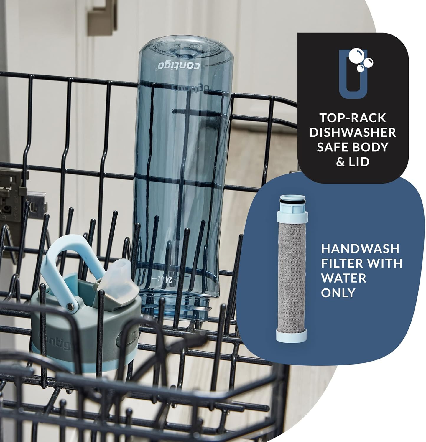 Contigo Wells – Botella de agua con filtro de plástico con tapa de popote a prueba de fugas y filtro de repuesto, botella de agua reutilizable de 24