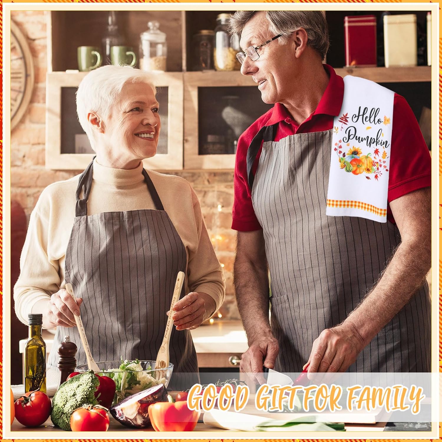 Juego de decoración de cocina de otoño de 7 piezas, incluye 2 toallas de cocina de otoño divertidas y 5 cucharas de madera, utensilios de bambú,