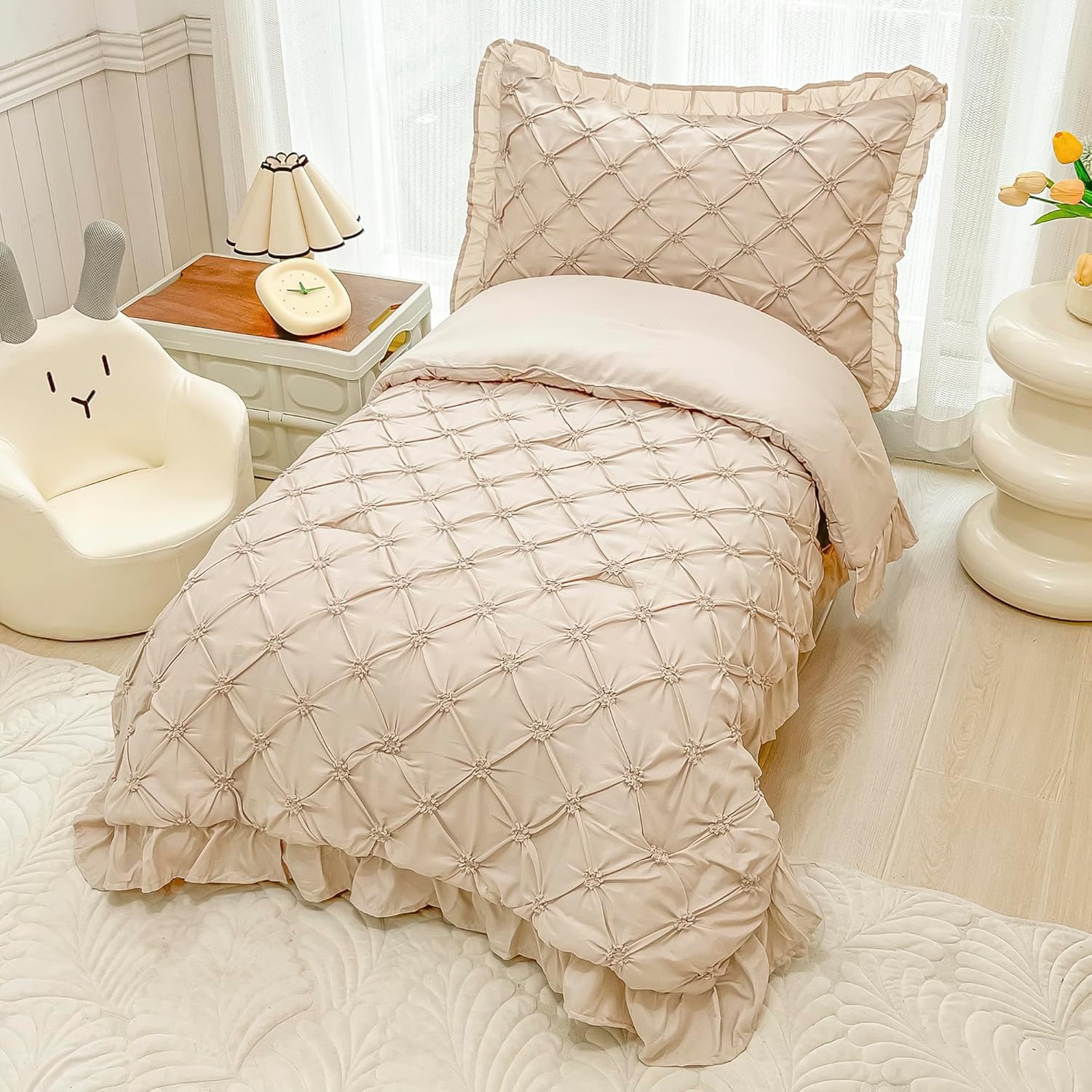 Juego de ropa de cama para niñas pequeñas de 4 piezas, color beige, plisado, con volantes, flecos, juego de sábanas para cuna, juego de sábanas para