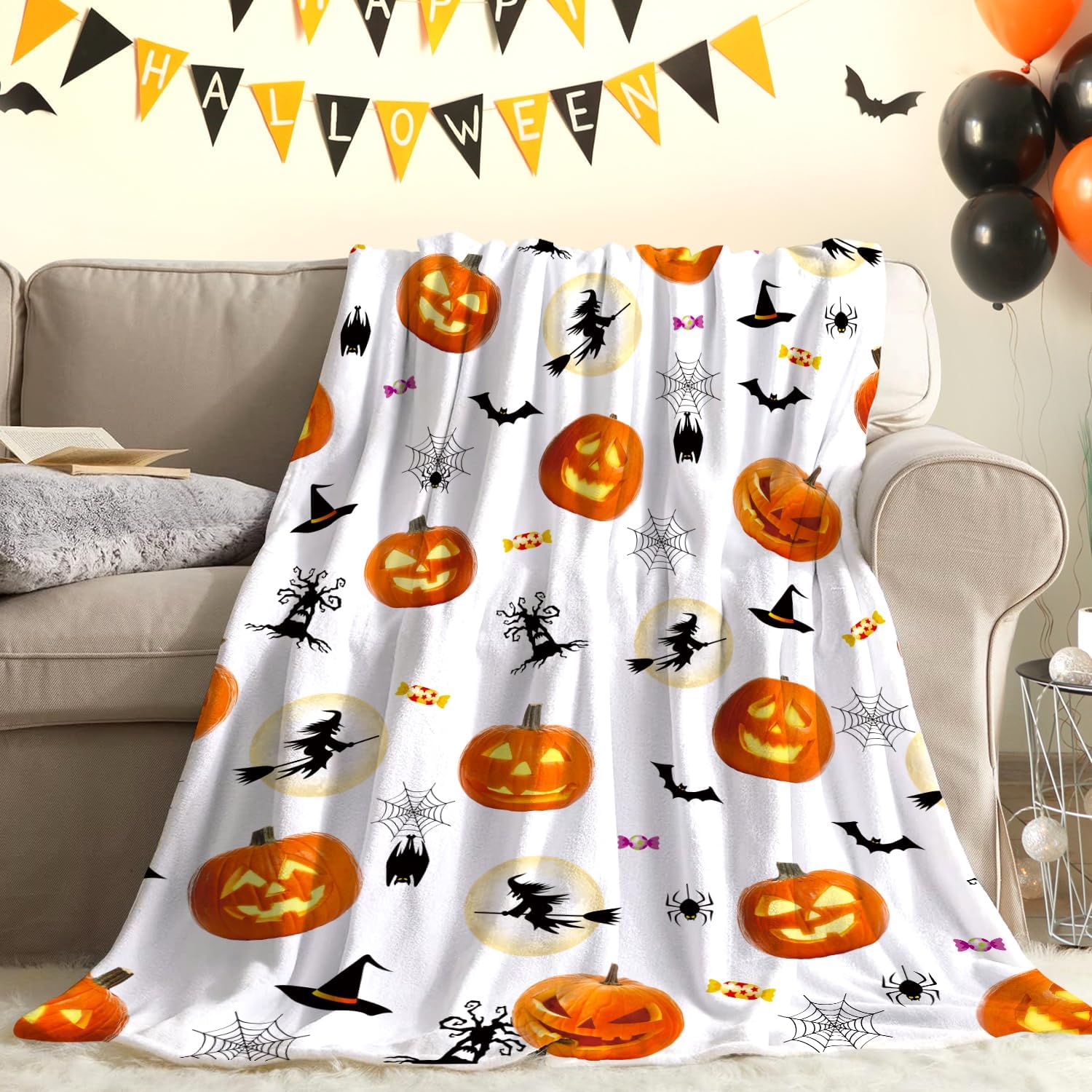 Manta de Halloween con telarañas de calabaza, manta negra de murciélago y bruja, decoración de Halloween, manta de franela súper suave para cama,