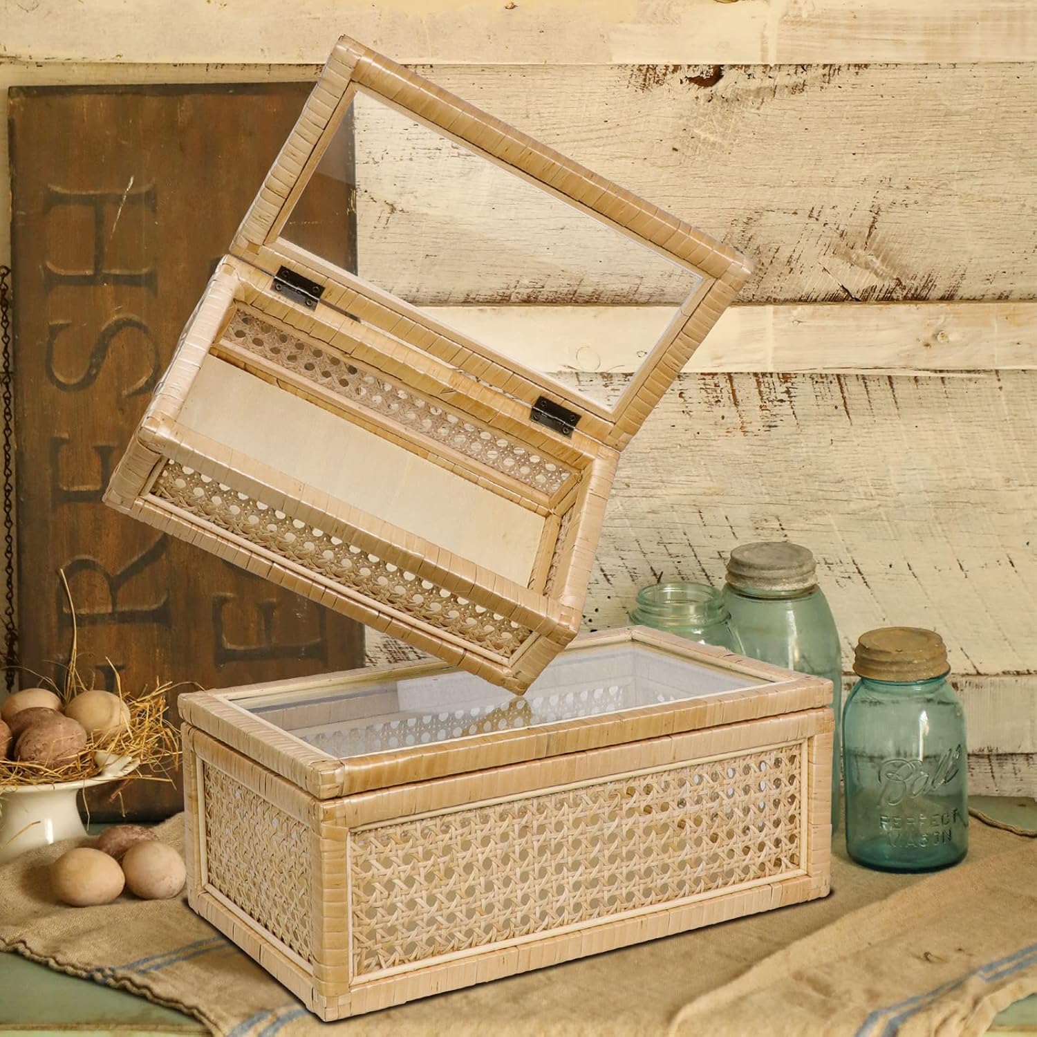 Caja decorativa de ratán con tapas de vidrio, juego de 2 cajas decorativas rectangulares para decoración del hogar, funda tejida de ratán para