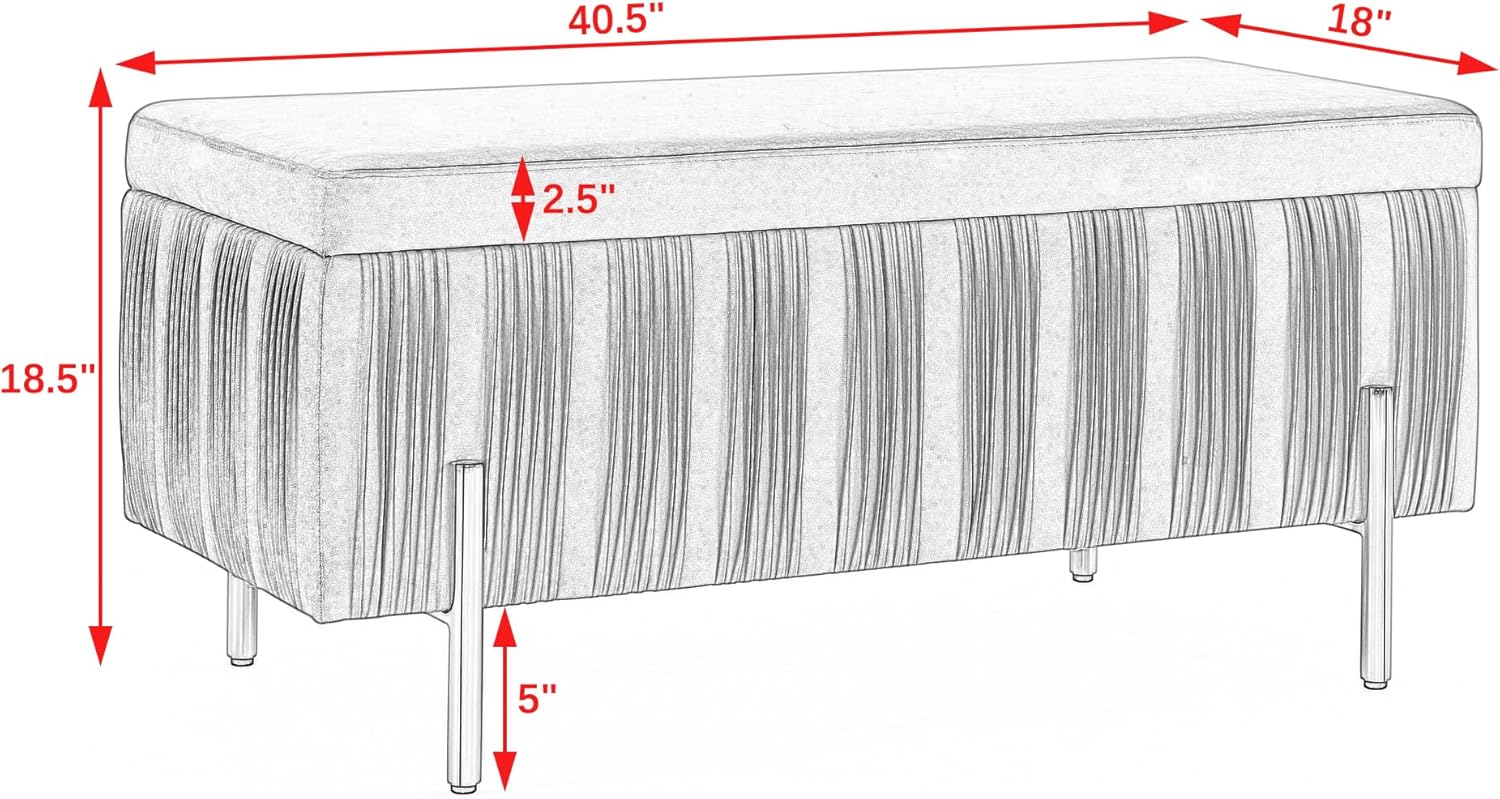Banco de almacenamiento moderno de 40.5 pulgadas con chapa de madera de cedro, asiento tapizado de terciopelo con patas de metal dorado para