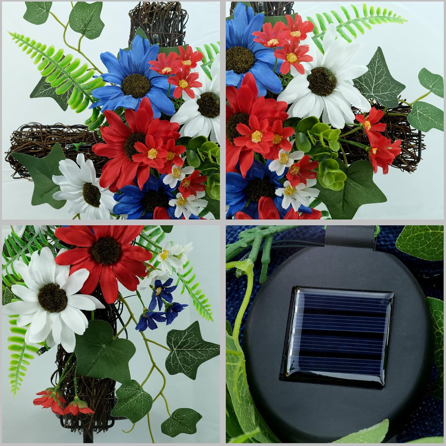 YULETIME Estaca de cruz de jardín roja, blanca y azul, funciona con energía solar con luces de hadas, cruz de metal, ratán natural, margaritas rojas