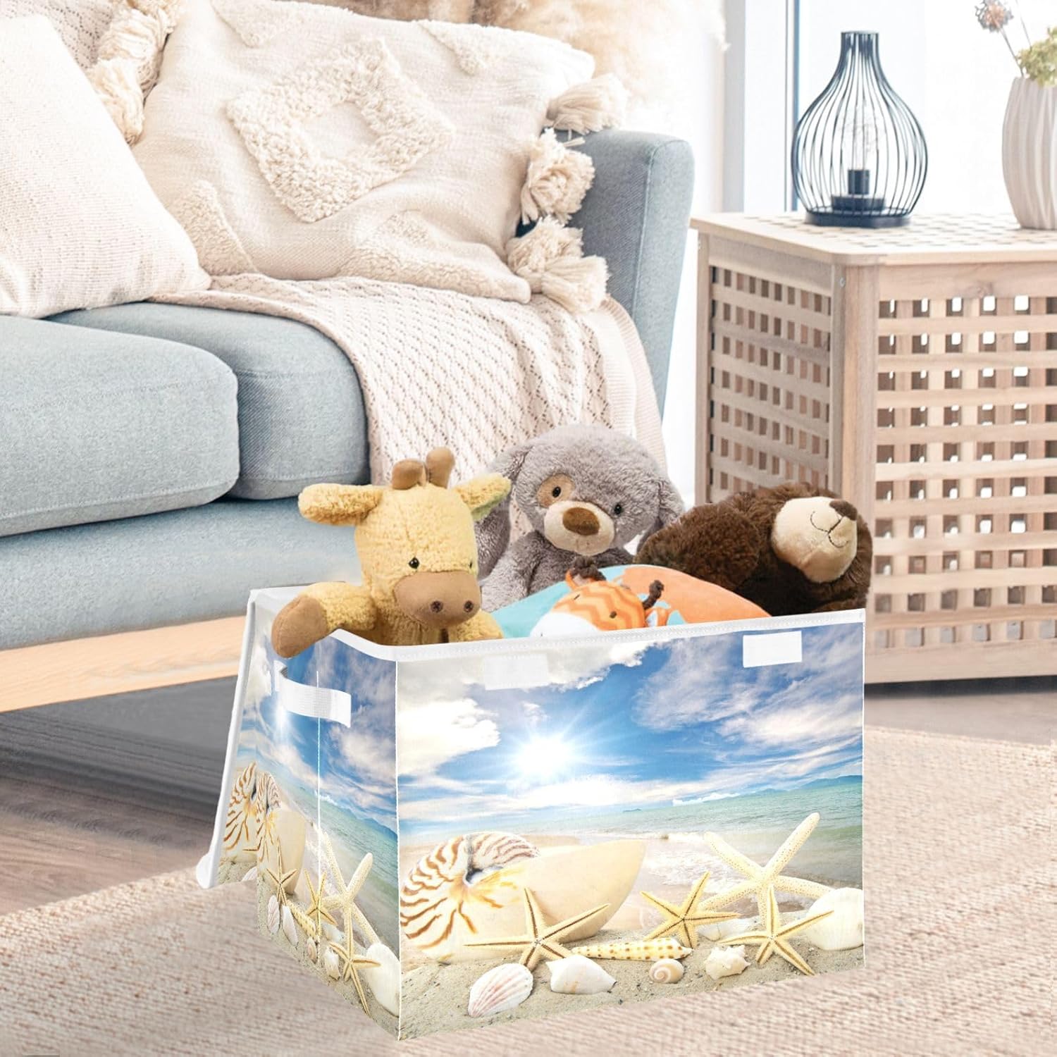 DIGTIA Contenedores de almacenamiento de concha de mar con tapas grandes y plegables con asas, maravillosa caja de almacenamiento plegable de tela