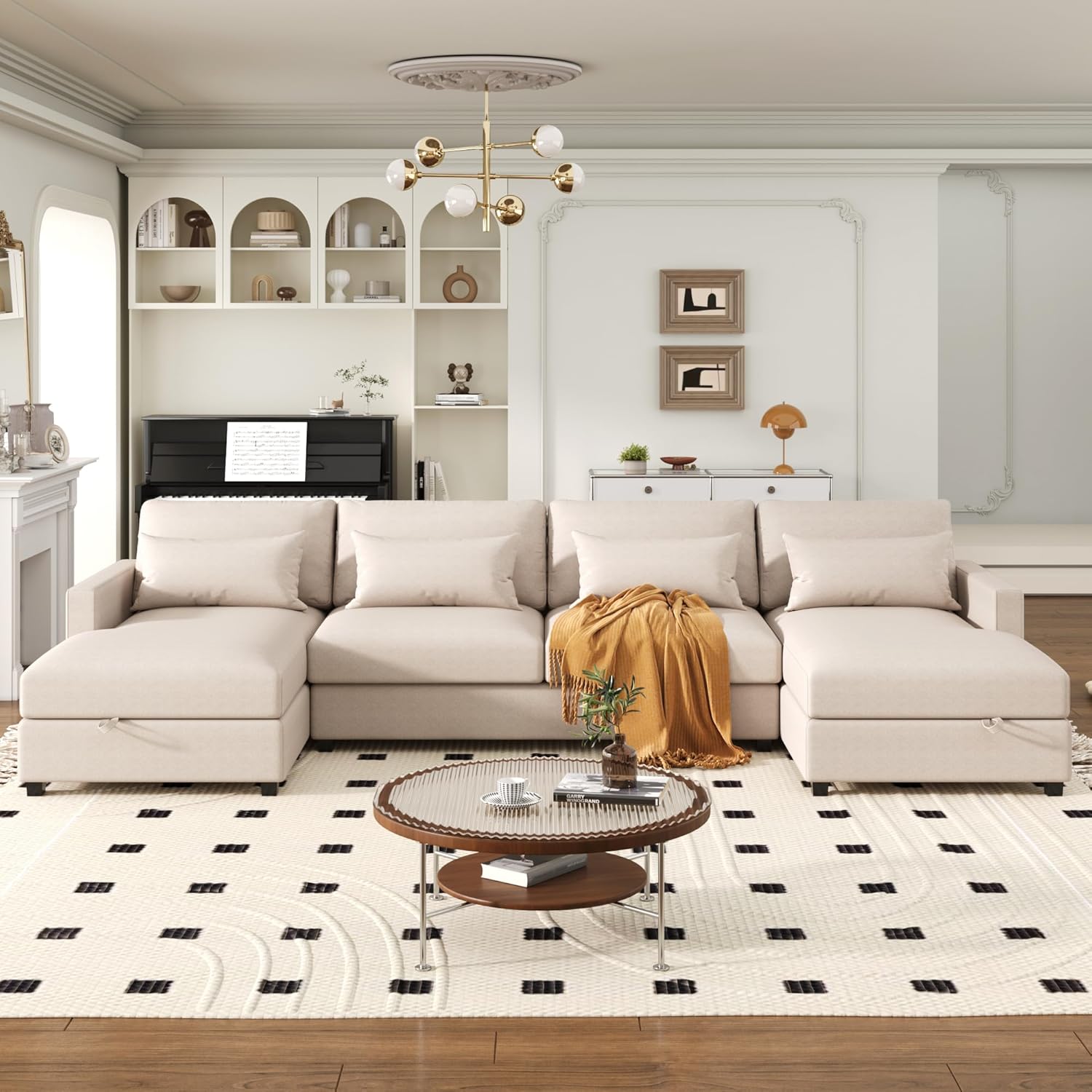 Sofá modular grande en forma de U de 128 pulgadas con 4 almohadas de soporte lumbar y 2 diván grande de almacenamiento, sofá simétrico tapizado de 6