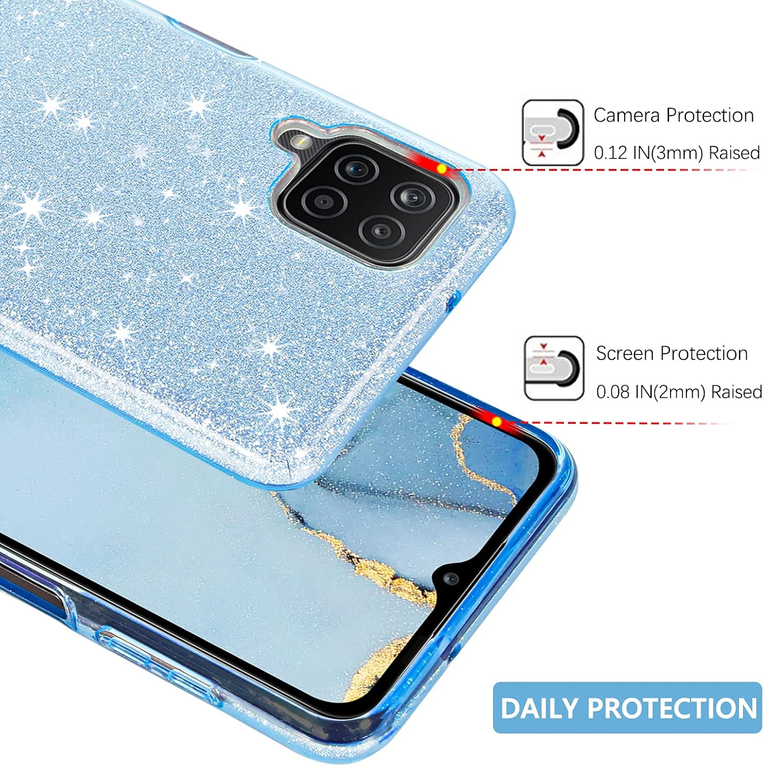 GUAGUA Funda compatible con Samsung Galaxy A12 5G de 6.5 pulgadas con purpurina brillante y bonita funda para mujeres y niñas, con soporte adicional