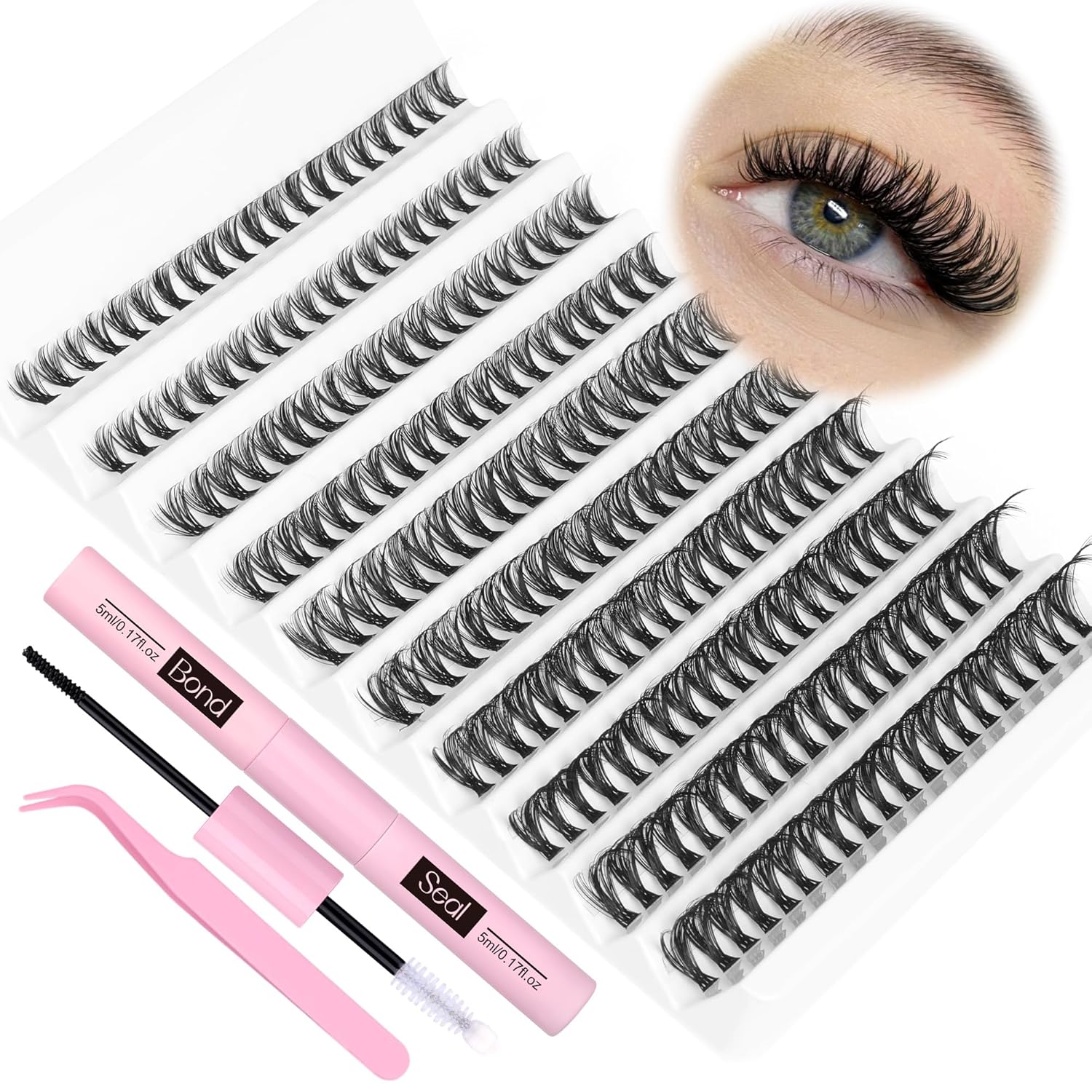 Kit de extensiones de pestañas individuales, 200 pestañas en racimo con unión de pestañas y sello y pinzas de pestañas, kit de extensión de pestañas