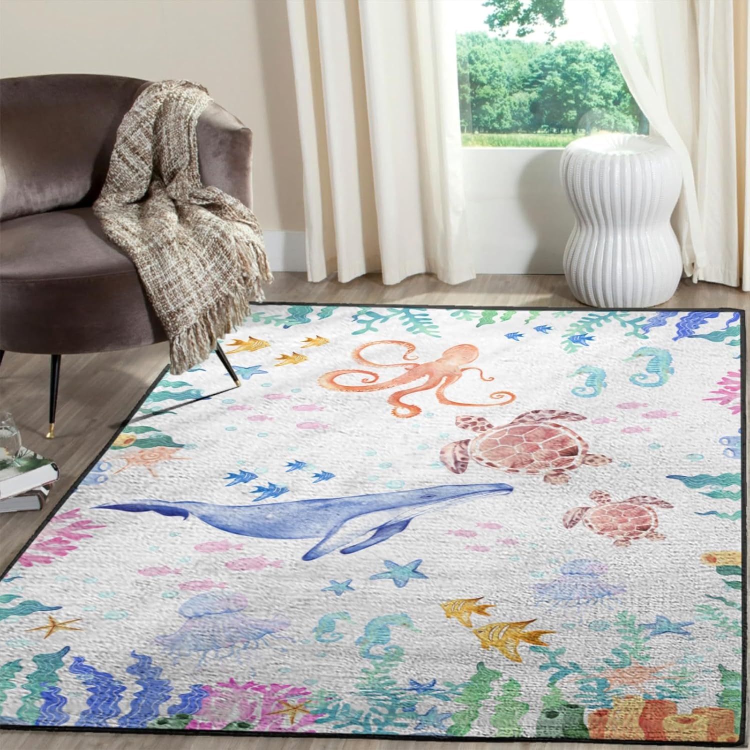 Alfombra colorida del mundo marino con animales marinos, ballenas, tortugas, medusas, corales, malas hierbas, alfombras de área para niños,