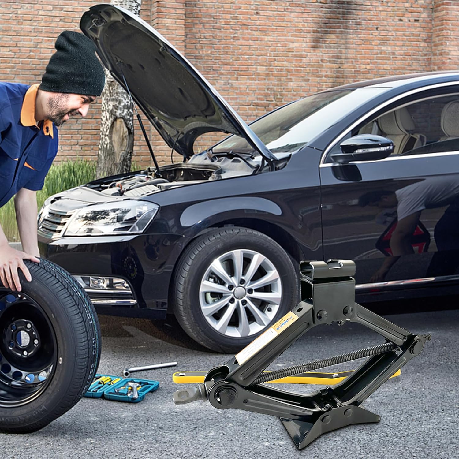 Gato de tijera para coche de 1 tonelada, kit de gato de coche resistente con llave de trinquete, kit de cambio de neumáticos para coche, SUV, MPV,