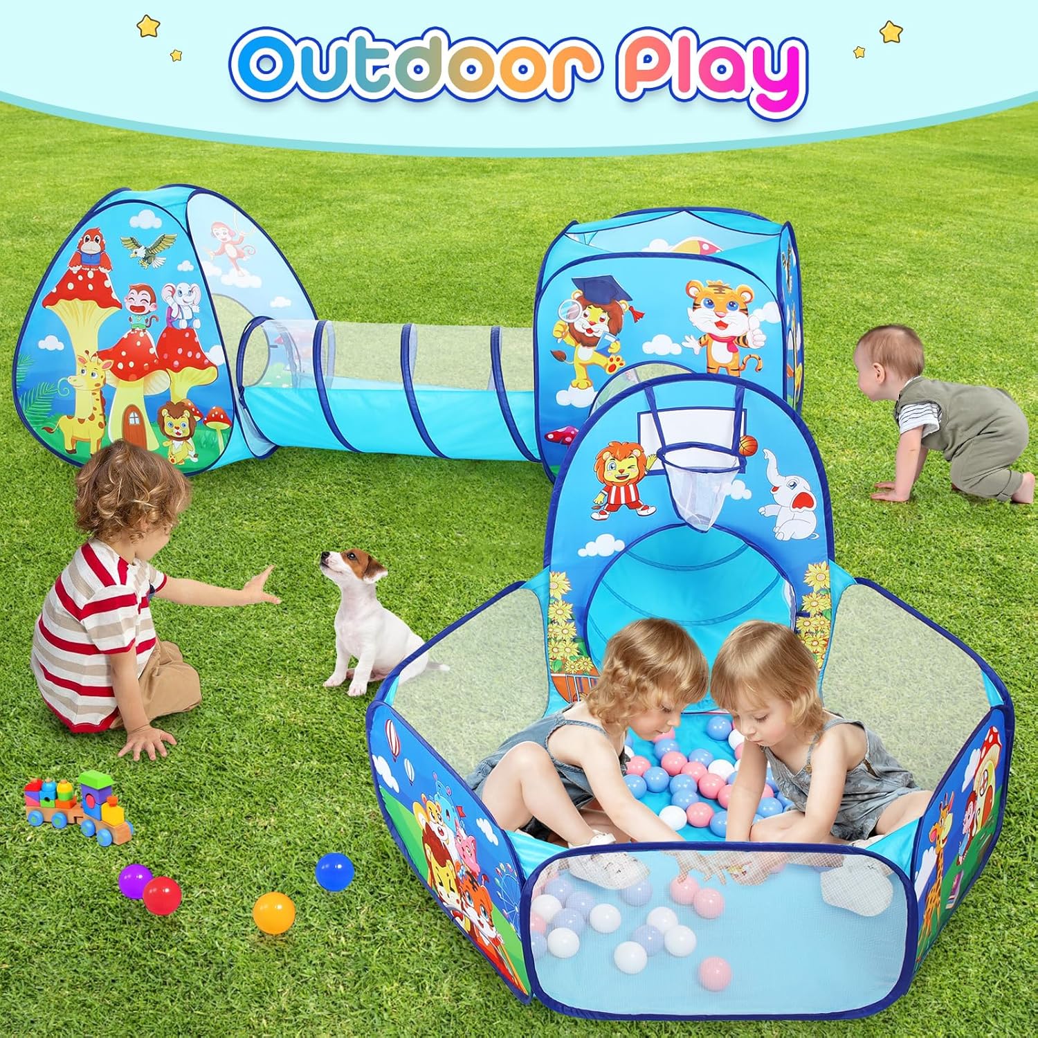 Tienda de campaña de juego para niños pequeños de 5 piezas con 1 hoyo de pelotas de bebé, 2 túneles de gateo para bebés, 2 tiendas de campaña