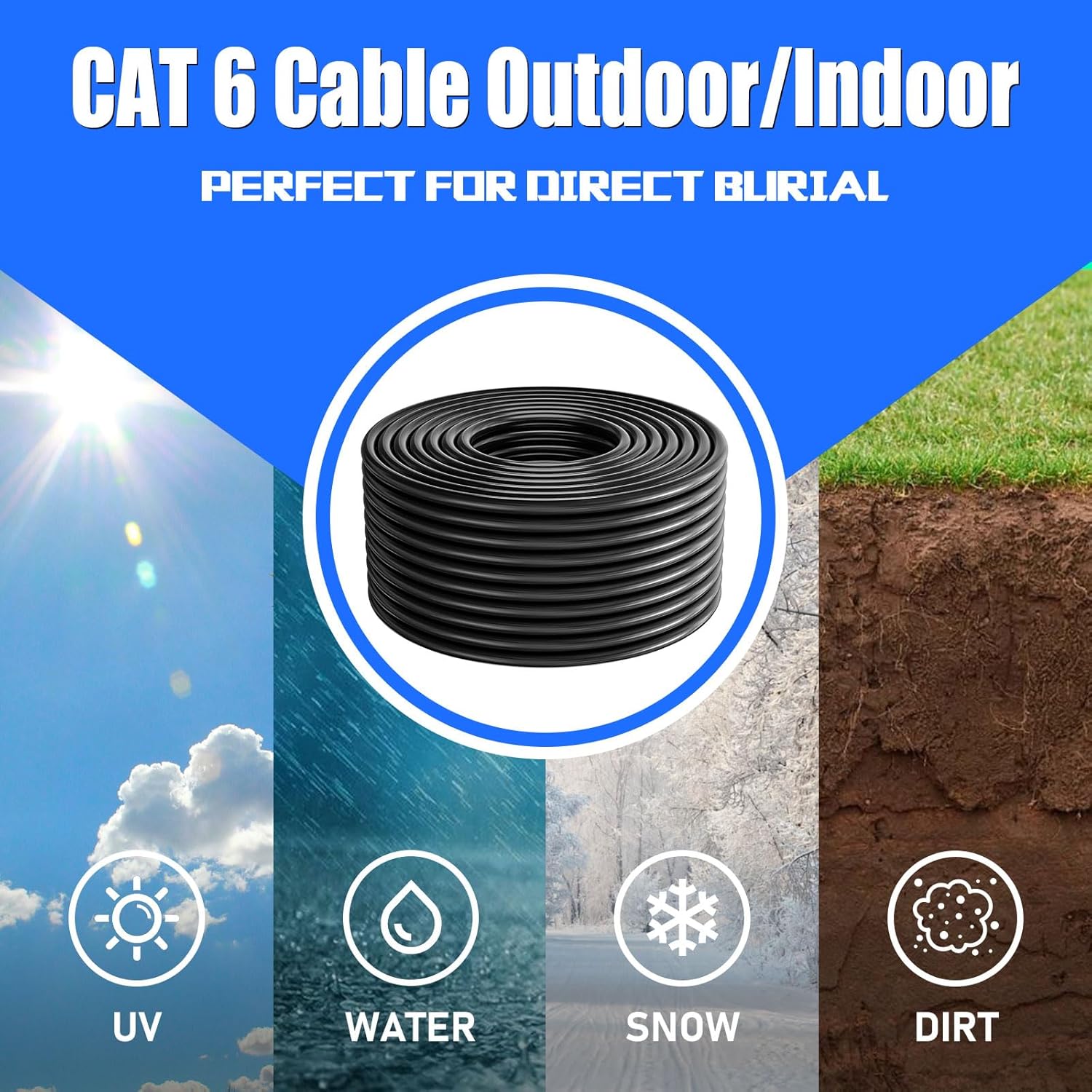 Cable Ethernet Cat 6 de 200 pies para exteriores, cable blindado FTP Cat 6 Gigabit 23 AWG, resistente, entierro directo, impermeable, en tierra,