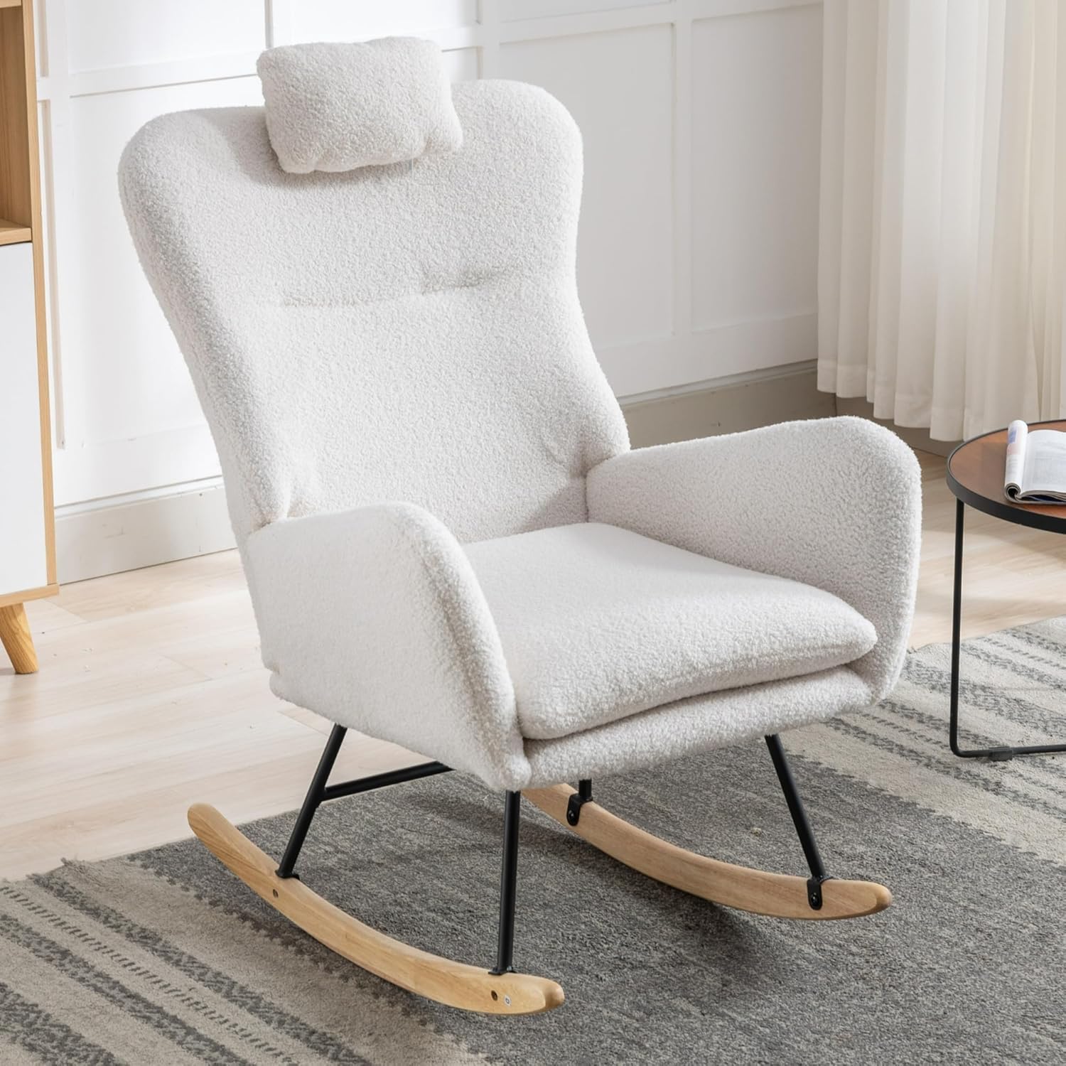 35.5 inch Rocking Chair with Pocket, Soft Teddy Fabric Rocking Nursery Chair, Comfy Wingback Glider Rocker with Safe Solid Wood Base for Living Room
