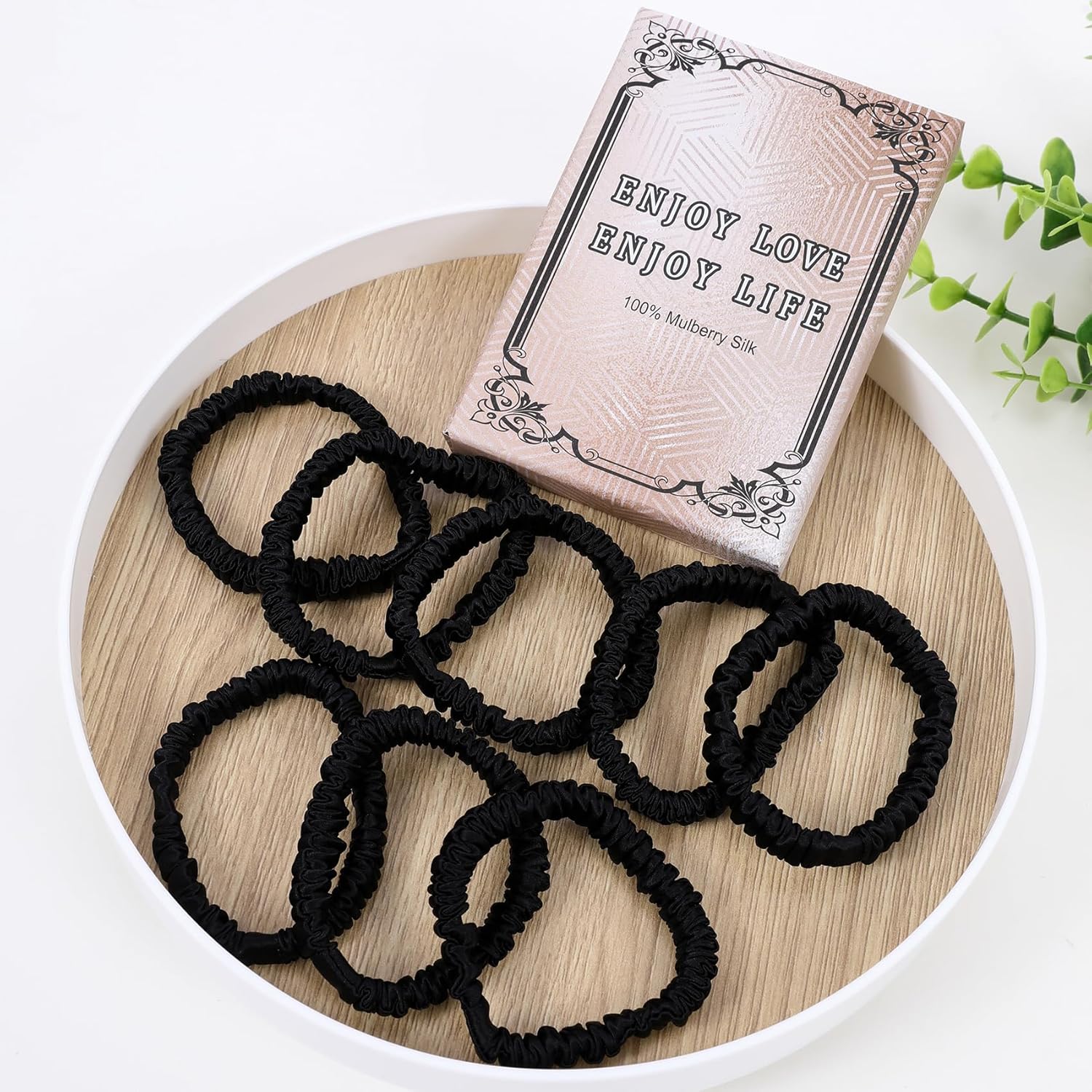 Juego de 8 piezas de coleteros de seda de morera 100% pura para mujeres y niñas, cabello rizado, grueso, fino, negro, lindo satén para dormir,