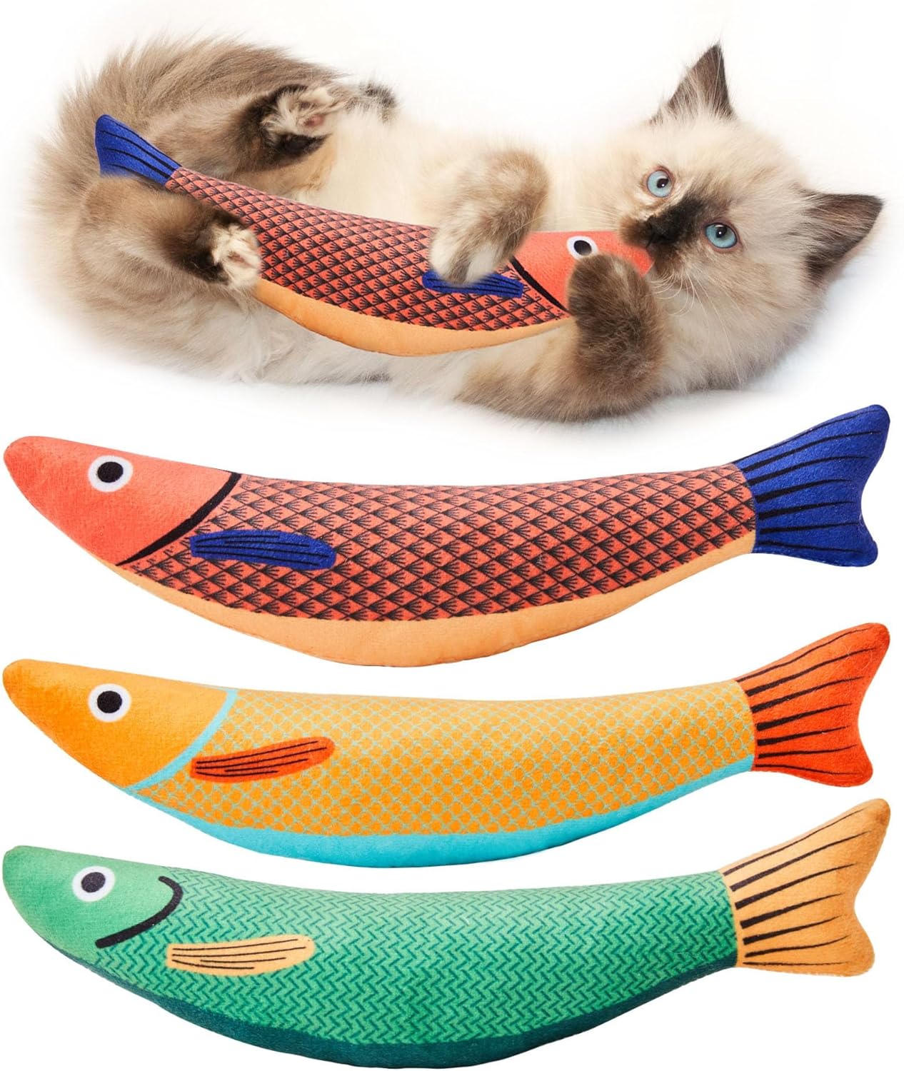 Potaroma Juguetes para gatos Saury Fish, paquete de 3 juguetes de sonido arrugado de hierba gatera, suaves y duraderos, juguetes interactivos para