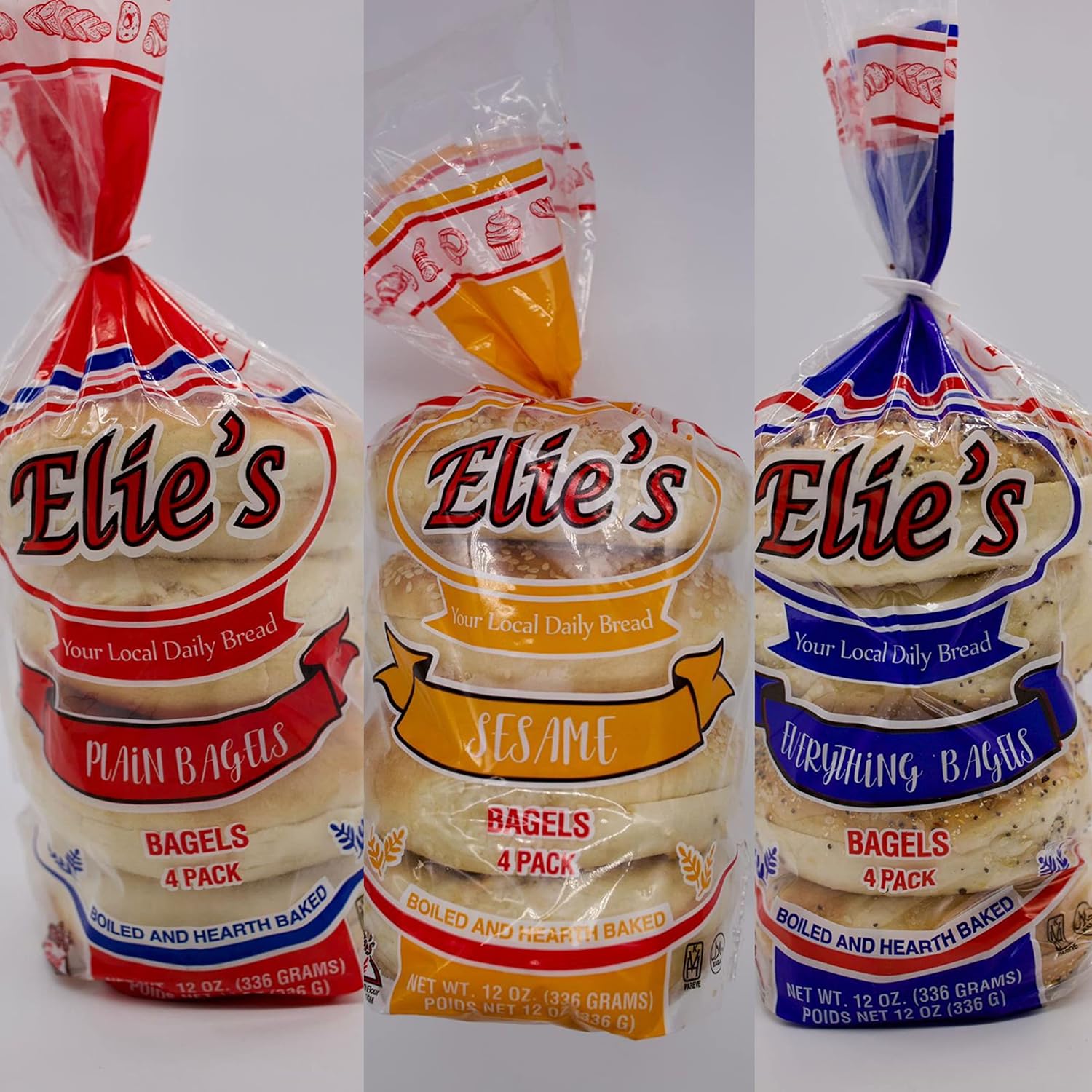 Caja mixta de Elie’s Bagels 6 paquetes por caja, 4 bagels por paquete, 8 lisos, 8 Everything y 8 sésamo, 24 bagels en total.