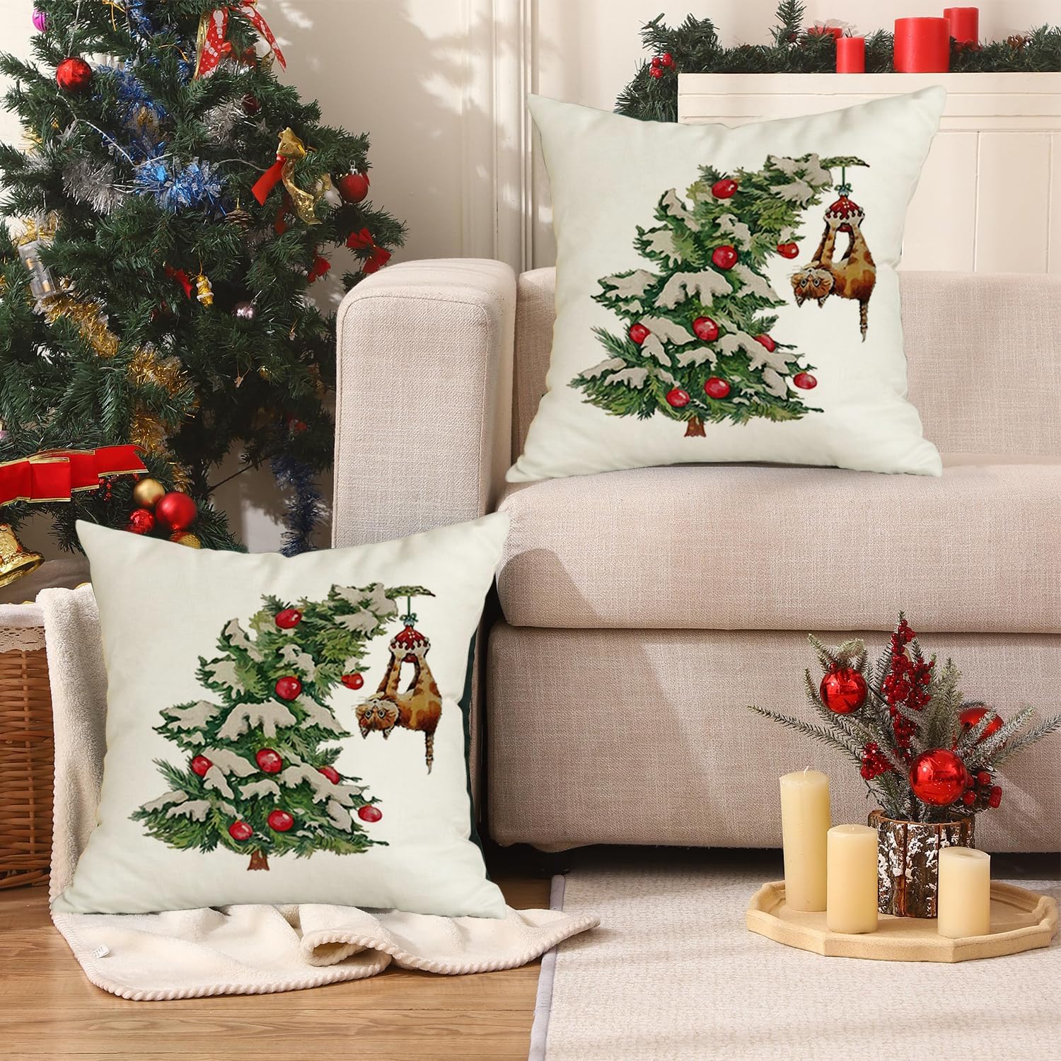 RABUSOFA Fundas de almohada de Navidad de 18 x 18 pulgadas, decoraciones de árbol de Navidad, fundas de almohada decorativas, fundas de cojín de