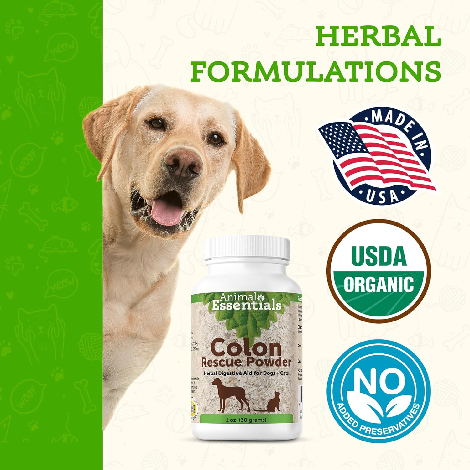 Animal Essentials Polvo de rescate de colon ayuda digestiva a base de hierbas para perros y gatos, 1 onza  Hecho en Estados Unidos GI Support