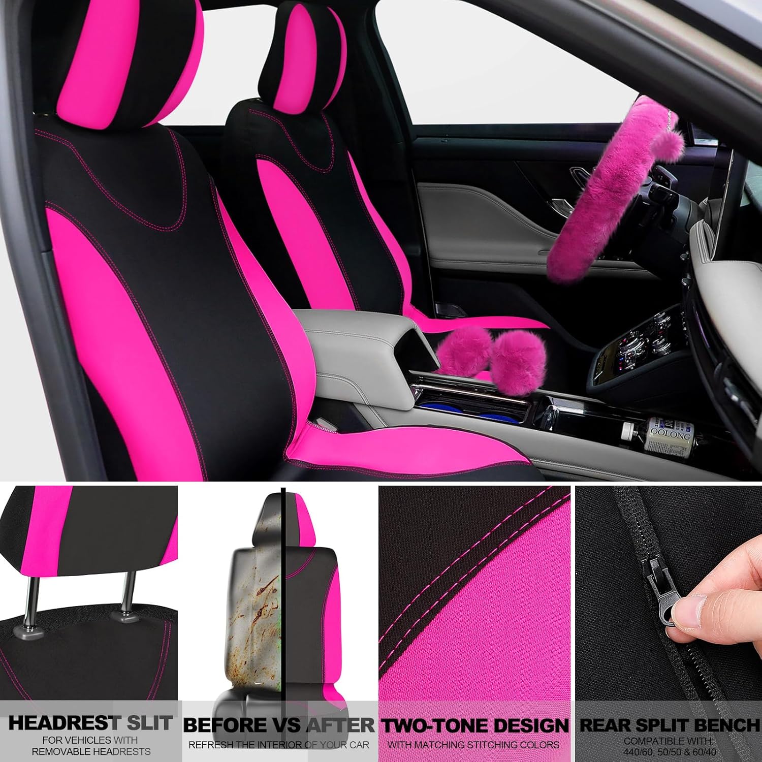 Juego completo de 17 fundas de asiento de automóvil para mujer, ajuste universal, fundas de asiento delantero y trasero, fundas esponjosas para