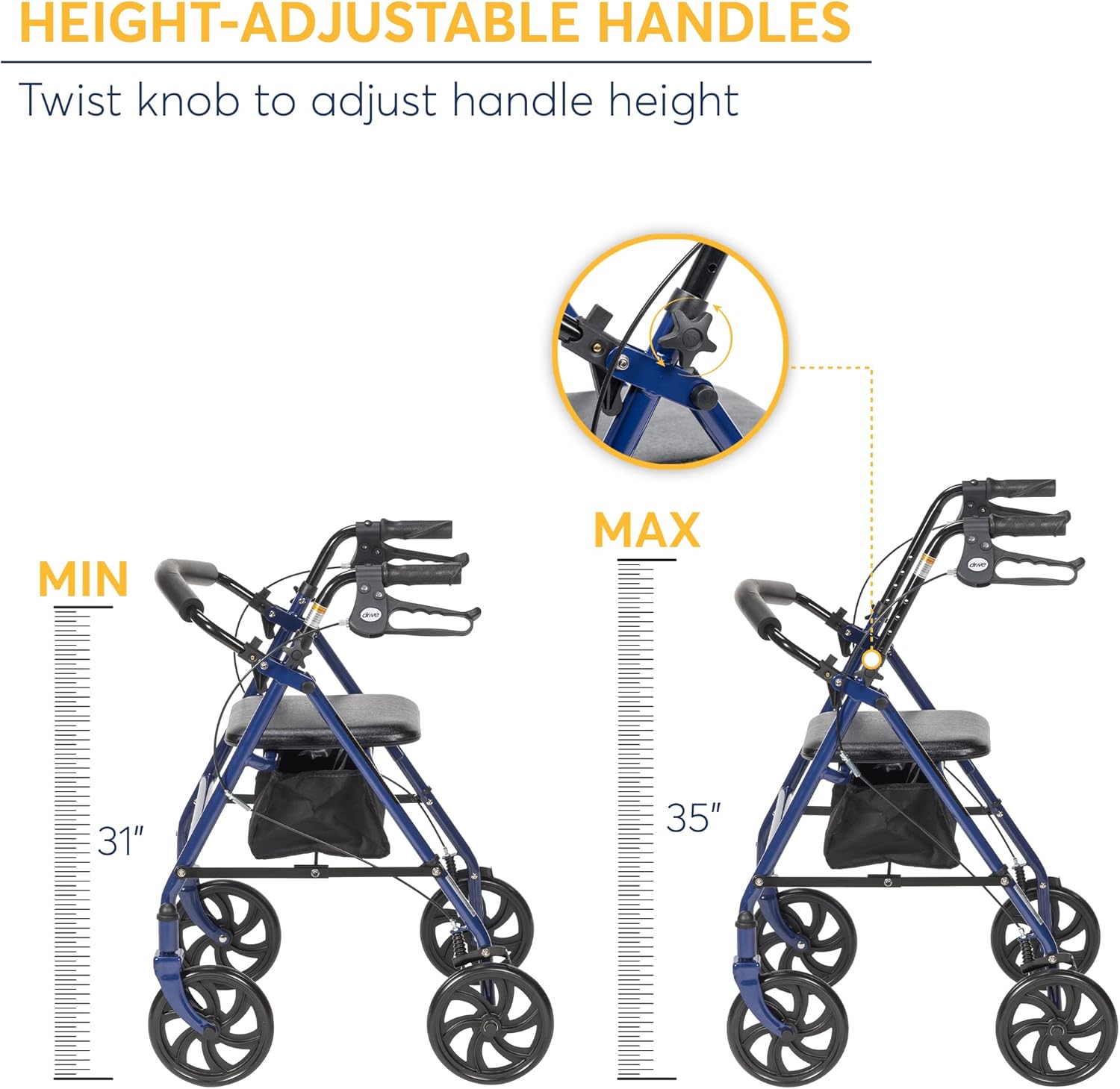 Drive Medical 10257BL-1 – Andador con ruedas de 4 ruedas con asiento, andador de acero, altura ajustable y universal con abrazadera para caminante,