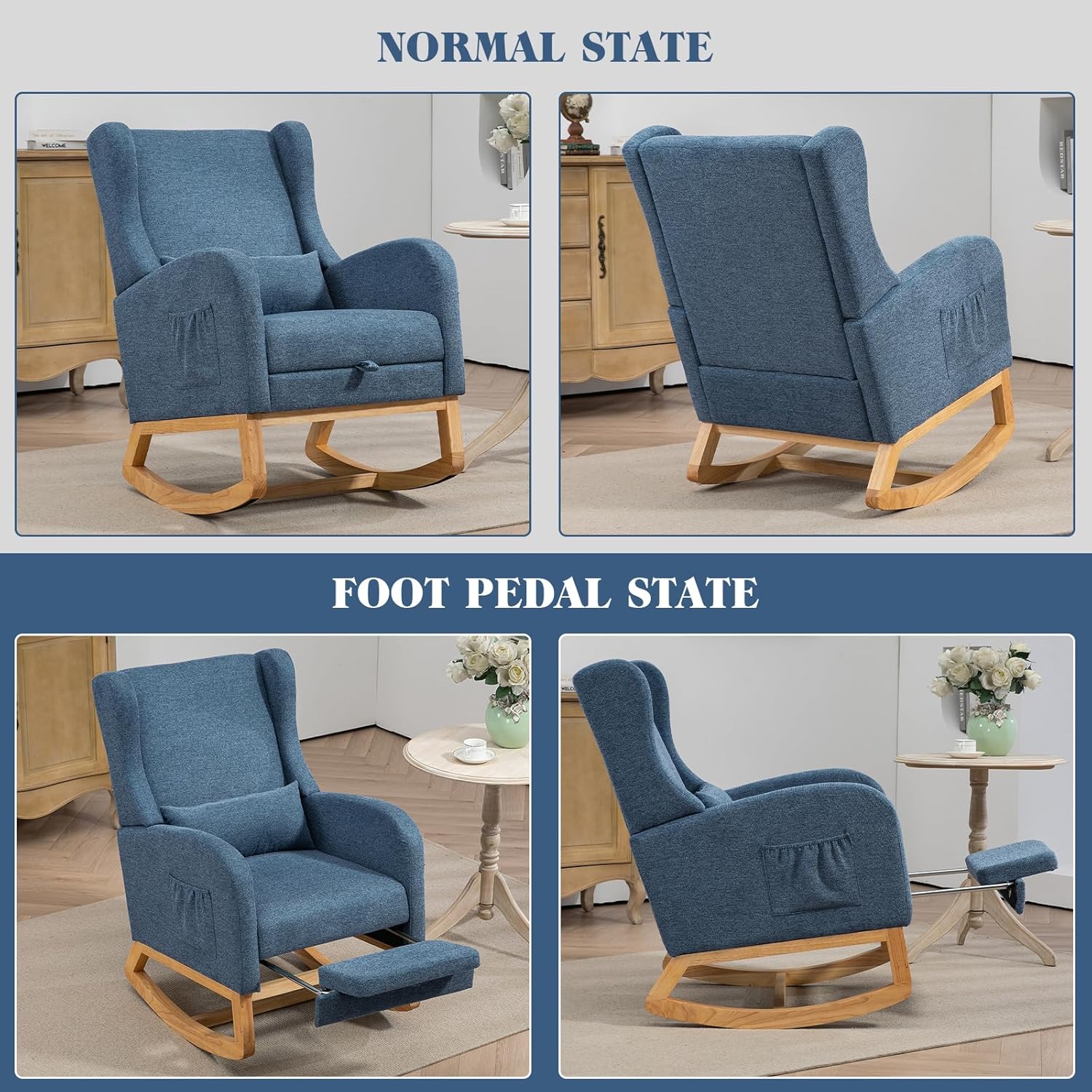 Dxacvkc Mecedora de poliéster con reposapiés ajustable, mecedora de respaldo alto con bolsillo lateral, almohada, silla decorativa con respaldo
