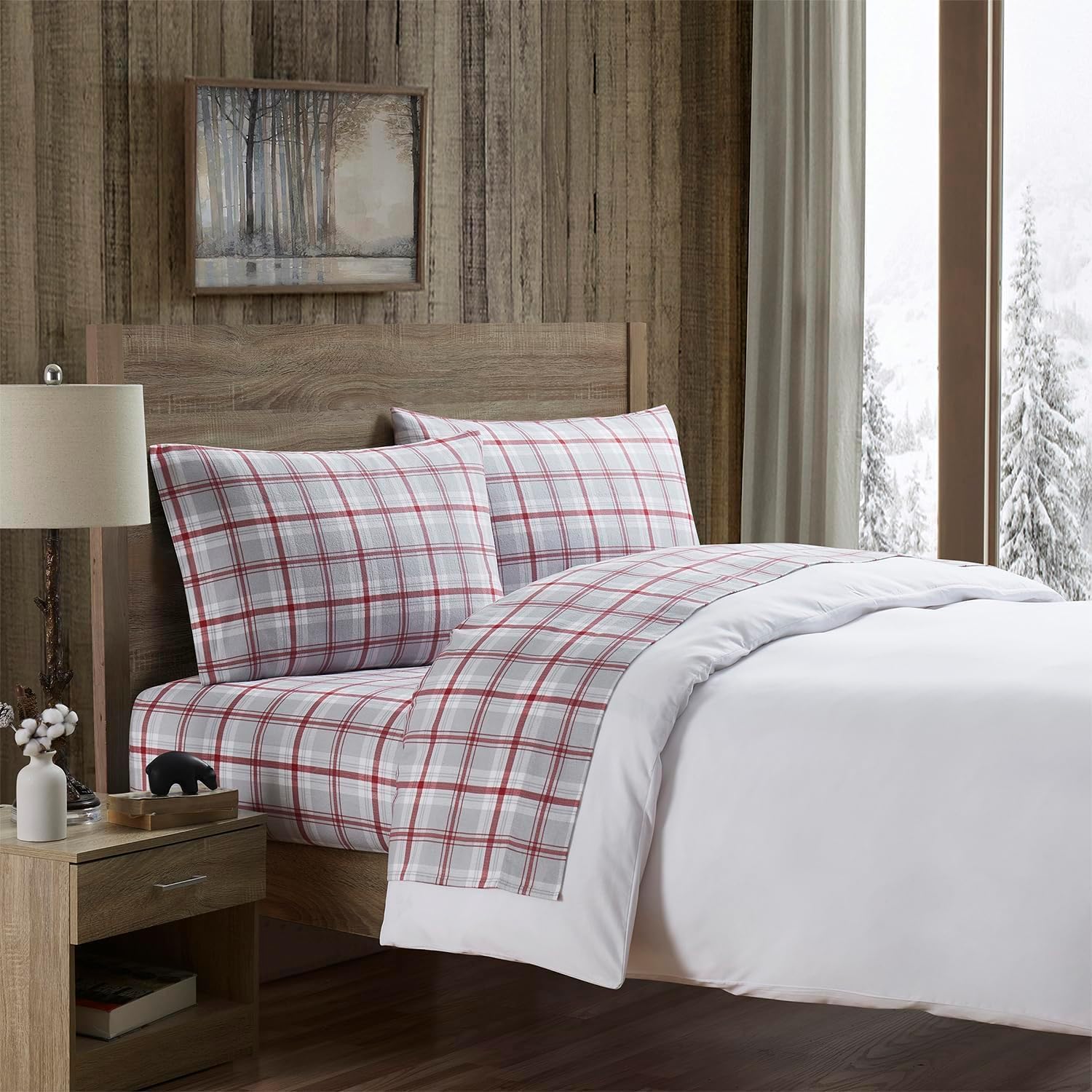 Bearpaw – Sábanas matrimoniales, ropa de cama de franela de algodón de 4 piezas con fundas de almohada a juego, cepillo para mayor suavidad,