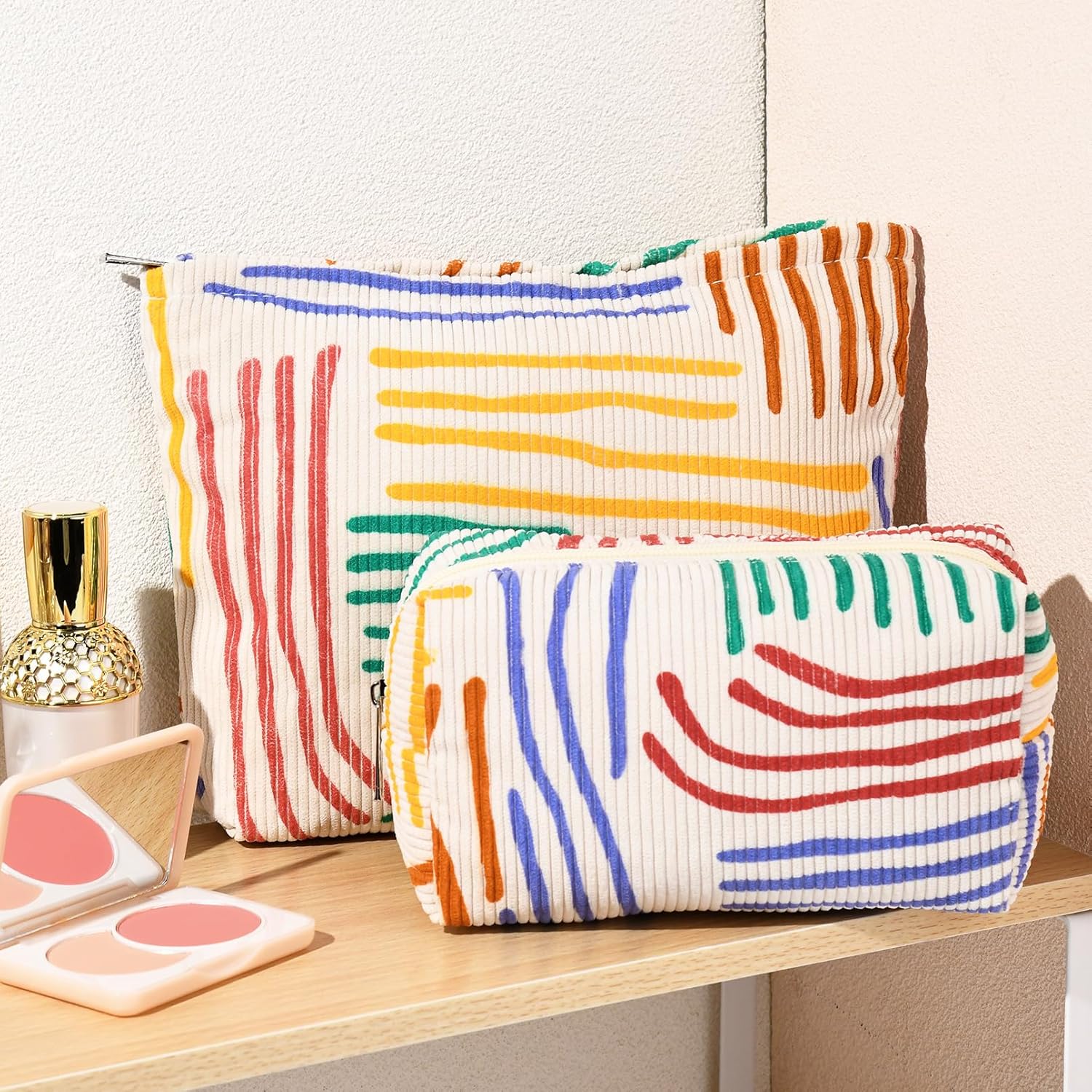 SOIDRAM Bolsa de maquillaje grande de pana de 2 piezas, bolsa de cosméticos de lona, capacidad a rayas, bolsa de aseo de viaje, organizador de