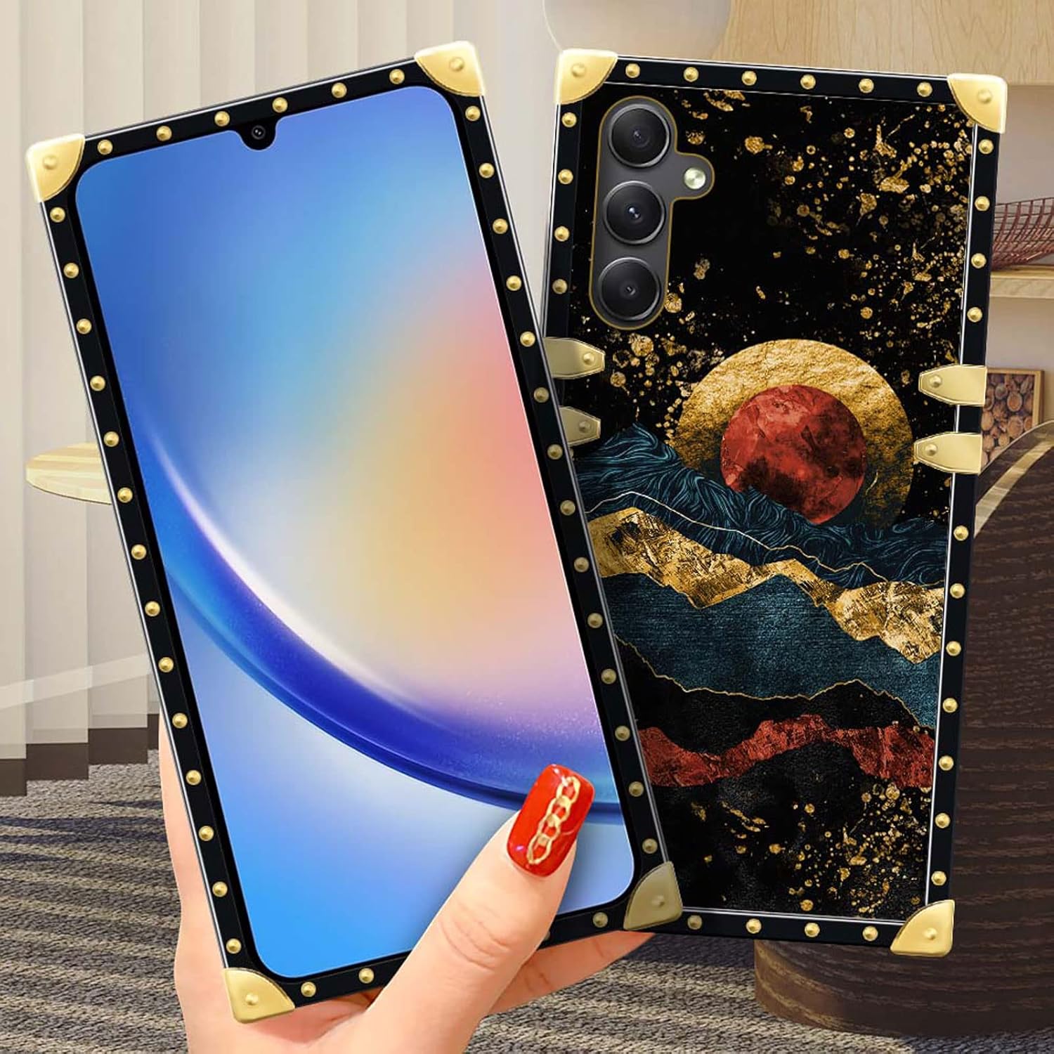 DAIZAG Funda compatible con Samsung Galaxy A14 5G Golden Natural Mountain Sun Moon Phone Case Golden Square Soft Shock Funda protectora para regalo