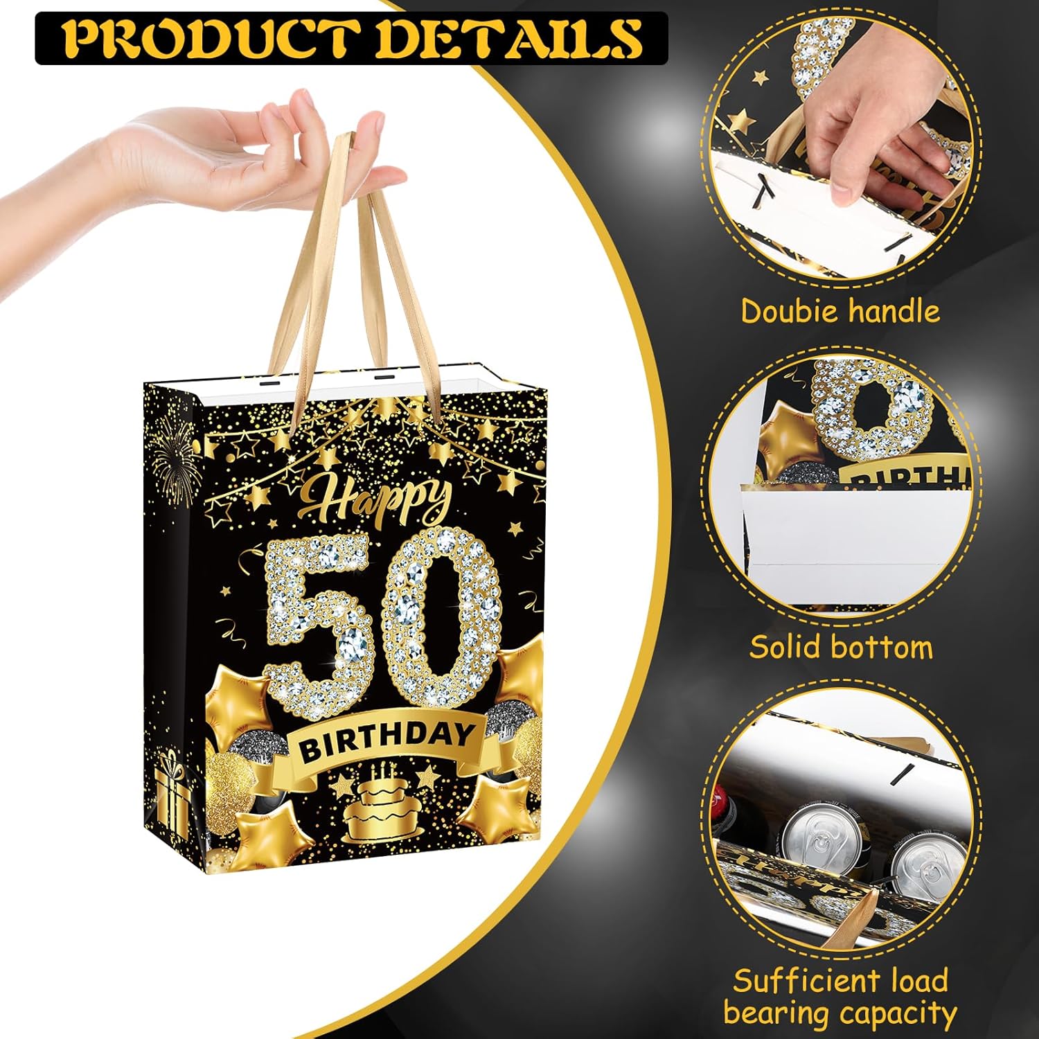 Bolsa de regalo de cumpleaños número 50, bolsa dorada de regalo de 50 cumpleaños con papel de seda y tarjeta, bolsas de regalo de papel kraft de 50