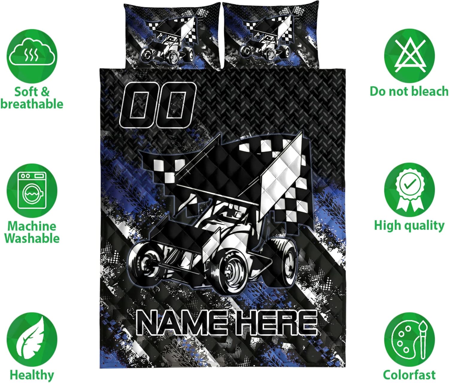 OhaPrints Juego de cama personalizado de carreras, manta y fundas de almohada con bandera de carreras de tierra y fundas de almohada, nombre y
