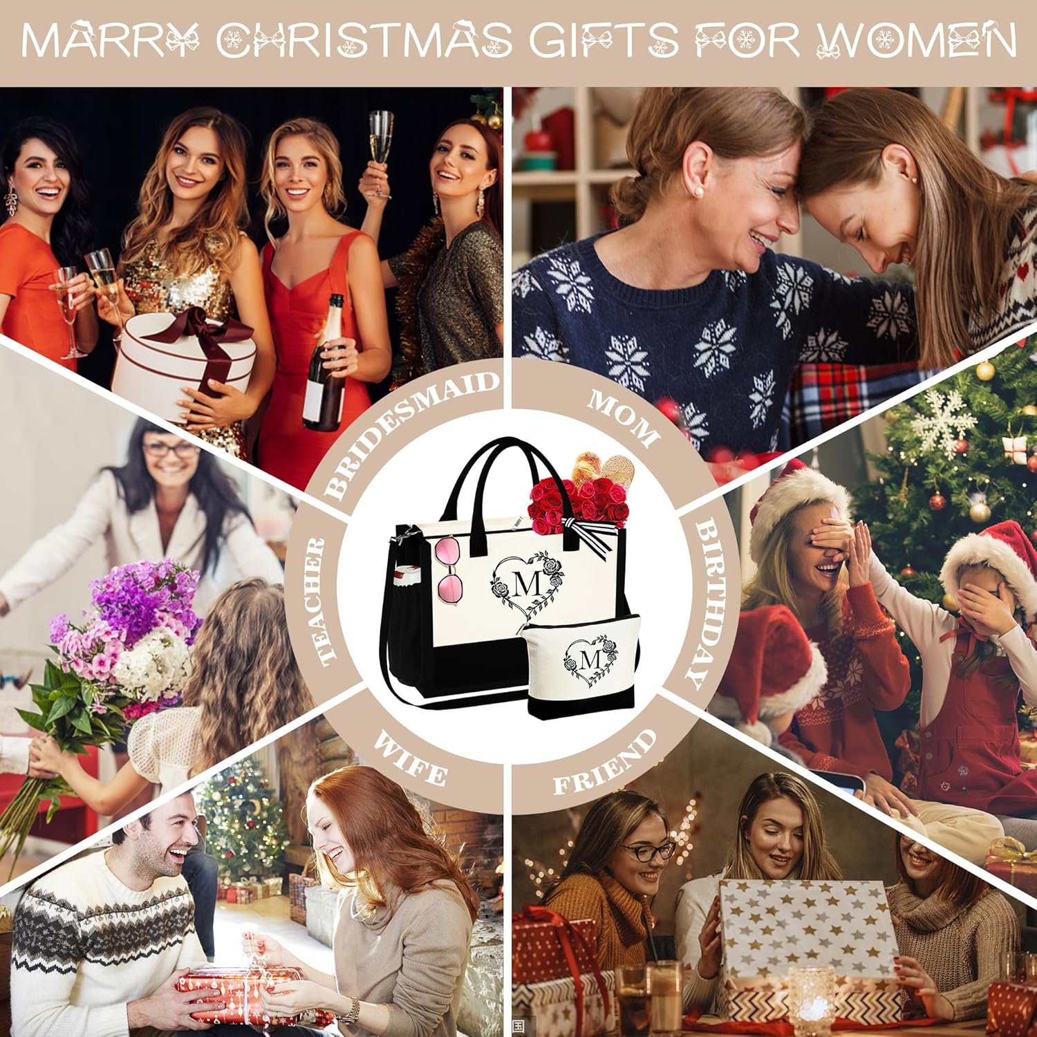YOOLIFE Bolsa de lona con inicial, bolsa de playa con cremallera, bolsa de maquillaje, regalo de cumpleaños, día de San Valentín, para mujeres,