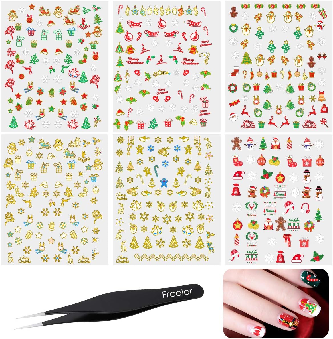 Calcomanías de uñas de Navidad, 12 hojas de calcomanías de arte de uñas, adhesivo 3D, copos de nieve de Navidad, patrón de bastón de caramelo, arte