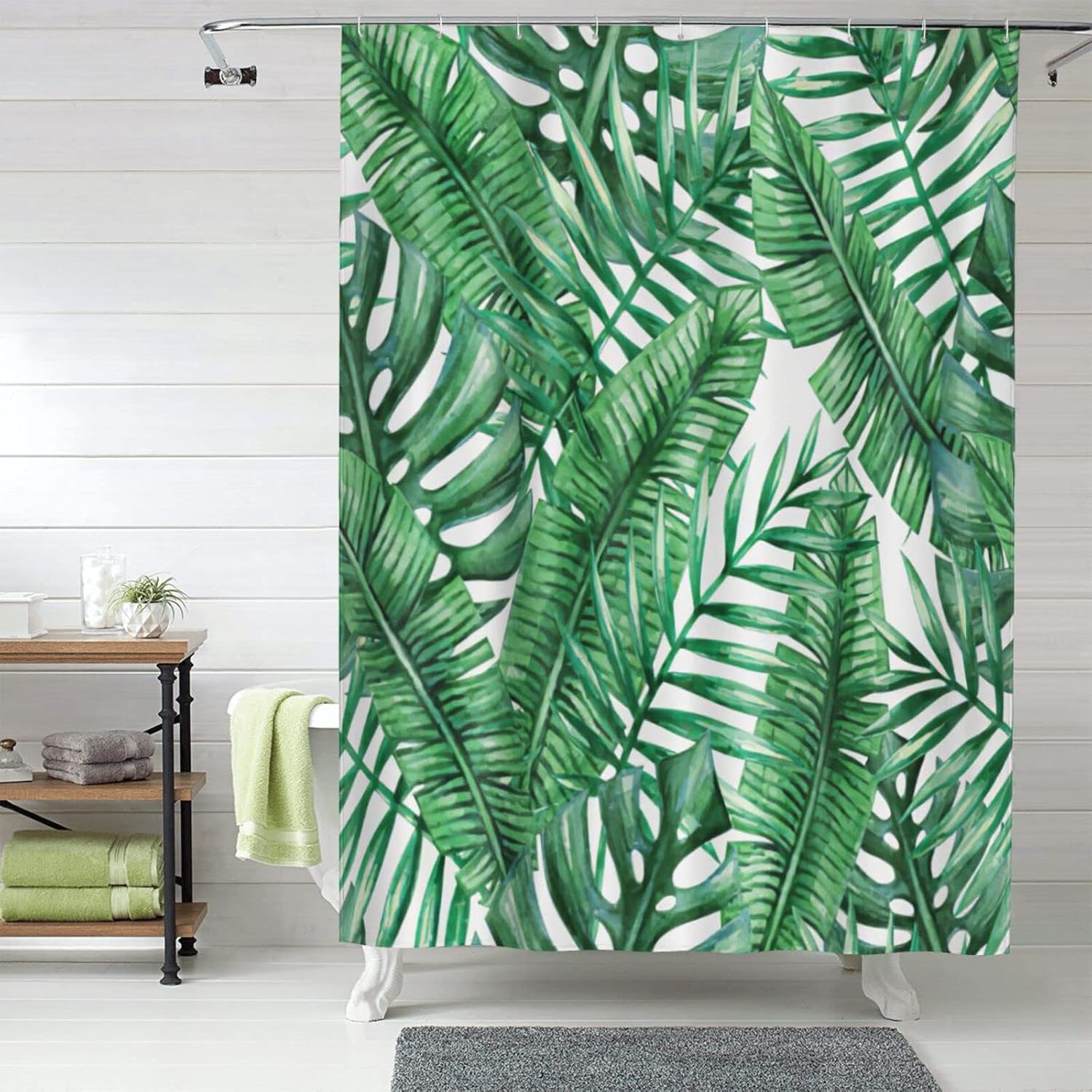 eiffecho Cortina de ducha de hojas de palmera de verano, plantas de hojas verdes tropicales, decoración de baño, bañera, cortina de ducha, tela de