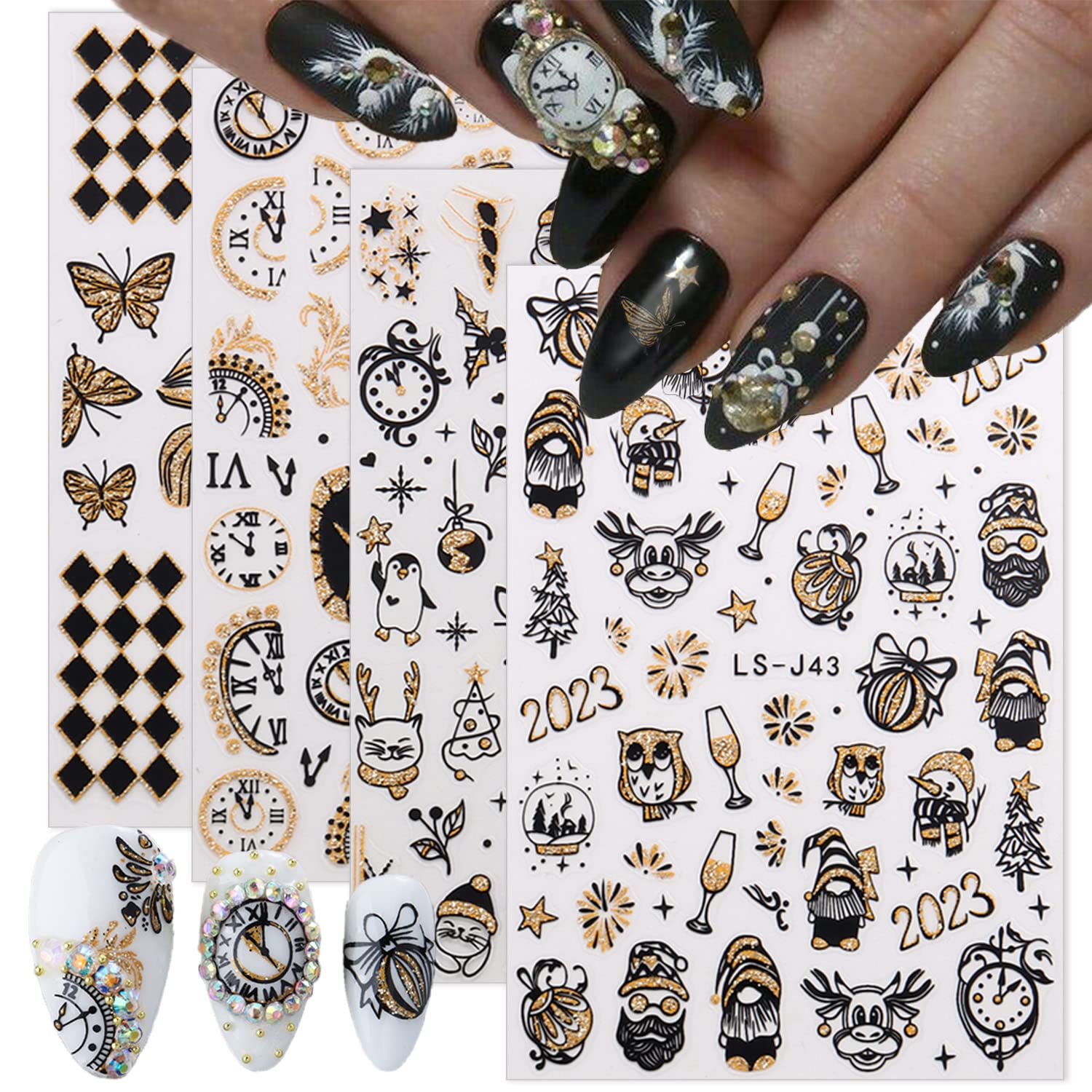 Calcomanías de arte de uñas de Navidad, calcomanías 3D doradas con purpurina para uñas de Año Nuevo, diseño de mariposas, fuegos artificiales, 3D,