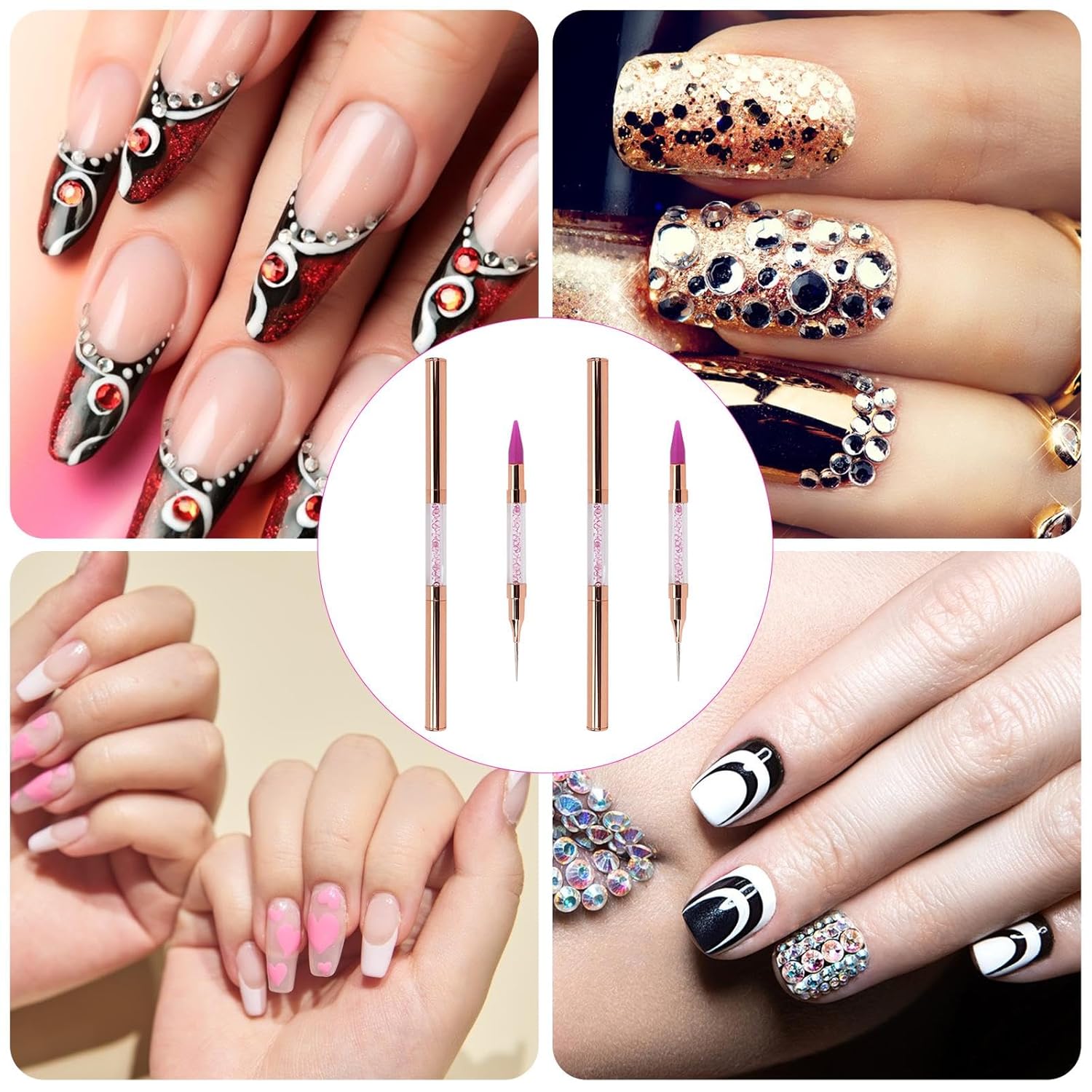 Paquete de 2 herramientas de punteado de diamantes de imitación de uñas de doble extremo, punta de cera, herramienta de bolígrafo de diamantes de