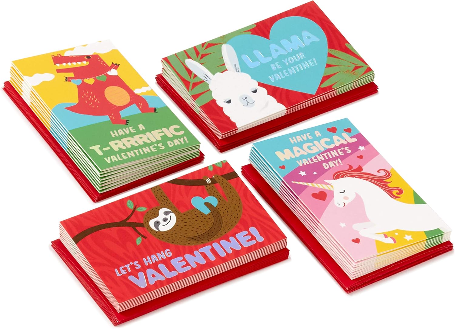Hallmark – Mini tarjetas de San Valentín para niños, 32 tarjetas con sobres (diseños de llama, perezoso, dinosaurio, unicornio)