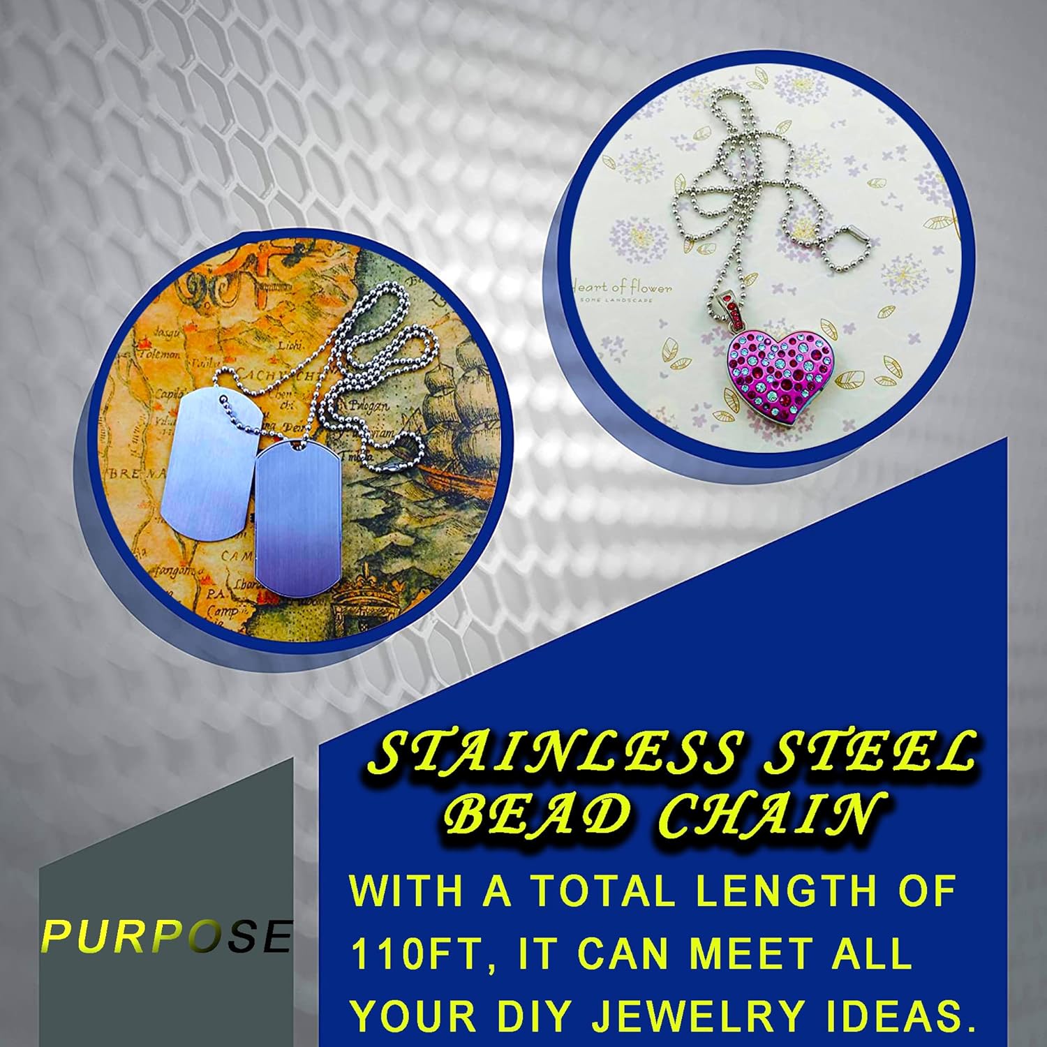 Cadena de cuentas de bola de 0.079 pulgadas, cadenas extralargas de acero inoxidable de 110 pies, cadena de placa de identificación para perro con