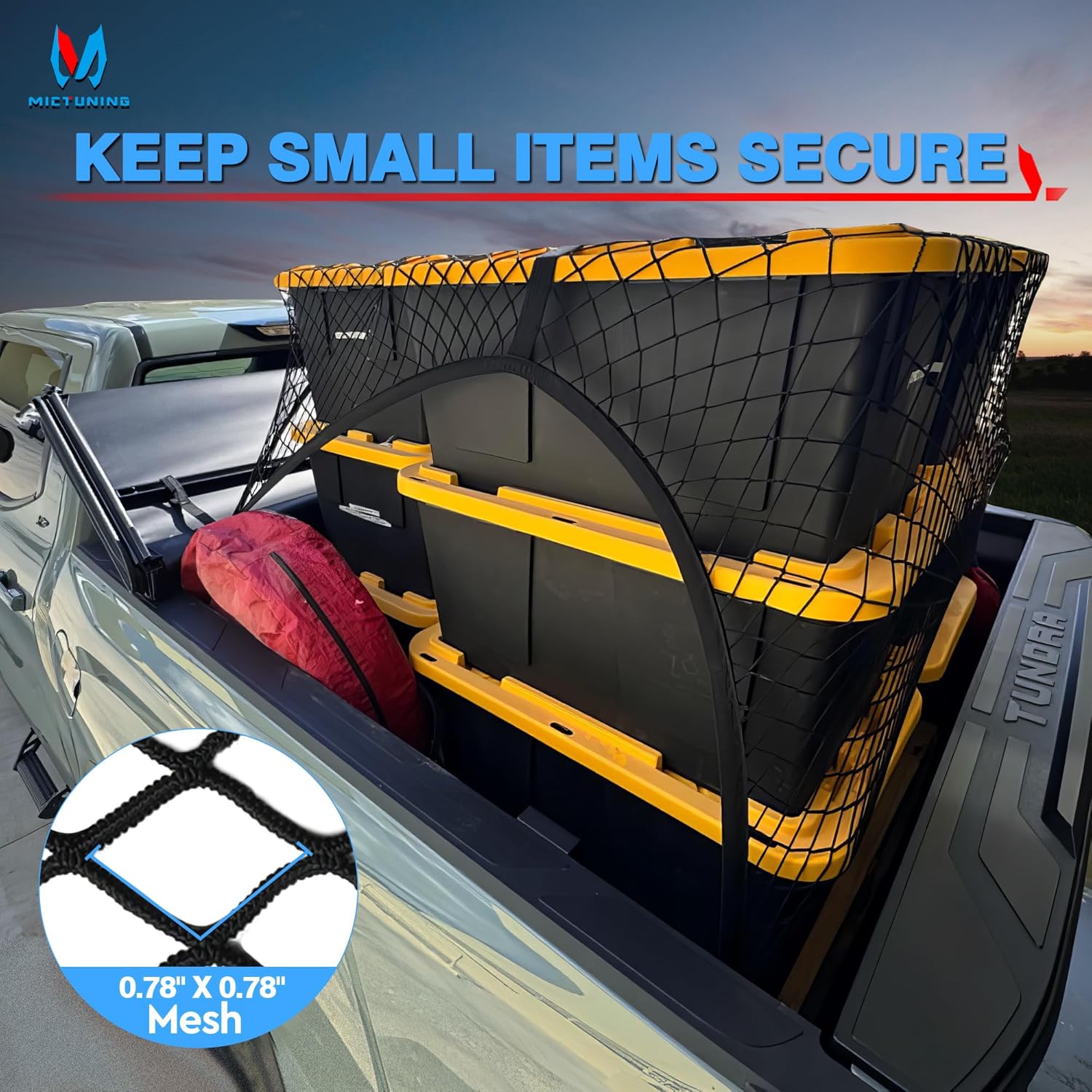 MICTUNING Red de carga para caja de camión, red de carga altamente elástica de 4 x 4 pies, organizador de malla elástica de hasta 7 x 7 pies para