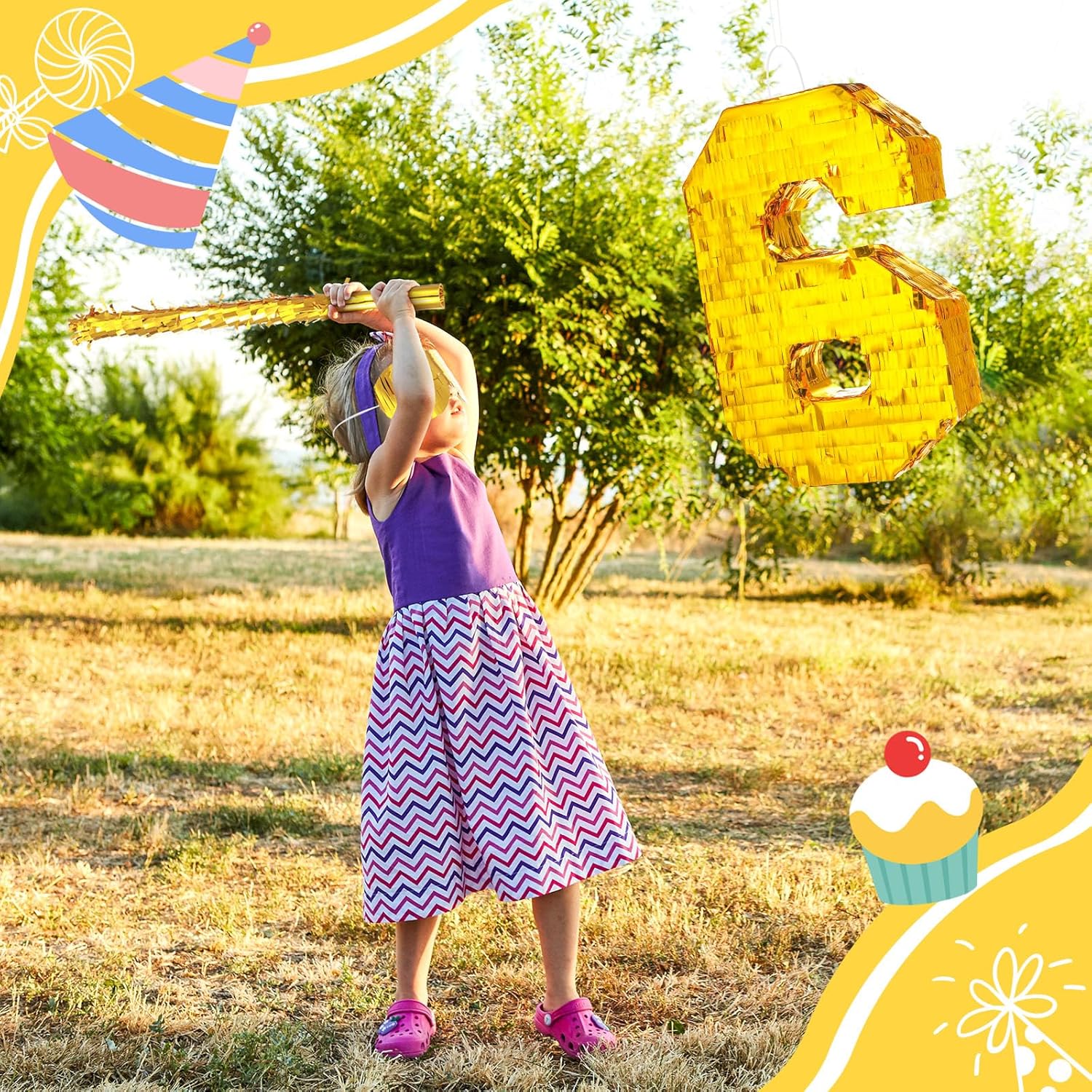 Piñata de número de lámina dorada de 16 x 11 x 3 pulgadas, piñata pequeña con palo de 15.7 pulgadas, confeti dorado para niños, niñas, decoraciones