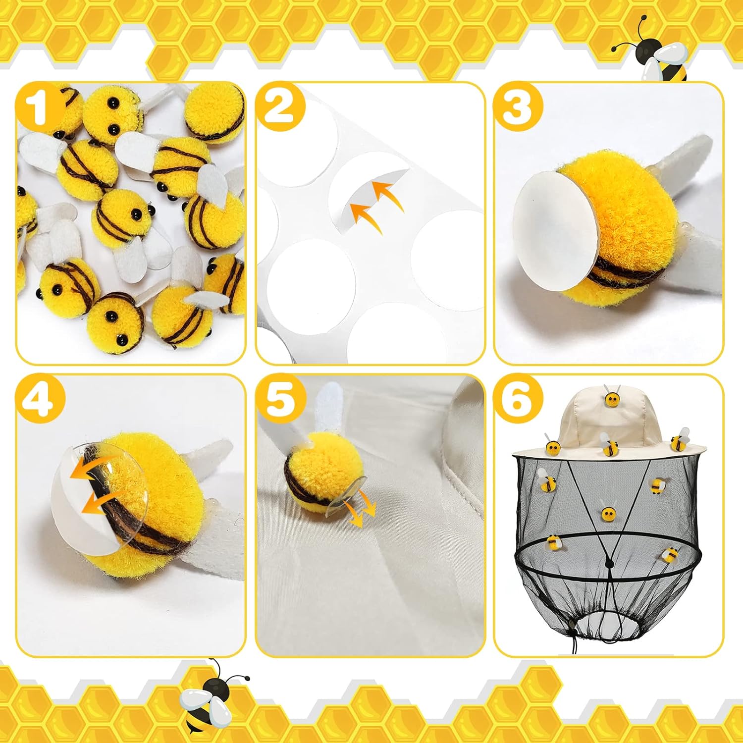 Juego de 47 piezas de apicultores, incluye 2 sombreros de abeja y velo, 15 abejas de bola de pelo y 30 cintas redondas de doble cara, sombreros de