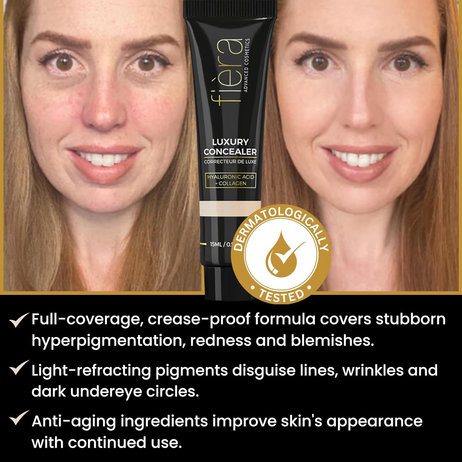 Fièra Corrector de lujo con antienvejecimiento  Cobertura durante todo el día para ojeras, líneas finas, arrugas y manchas  ArenaSable, 0.5 onzas
