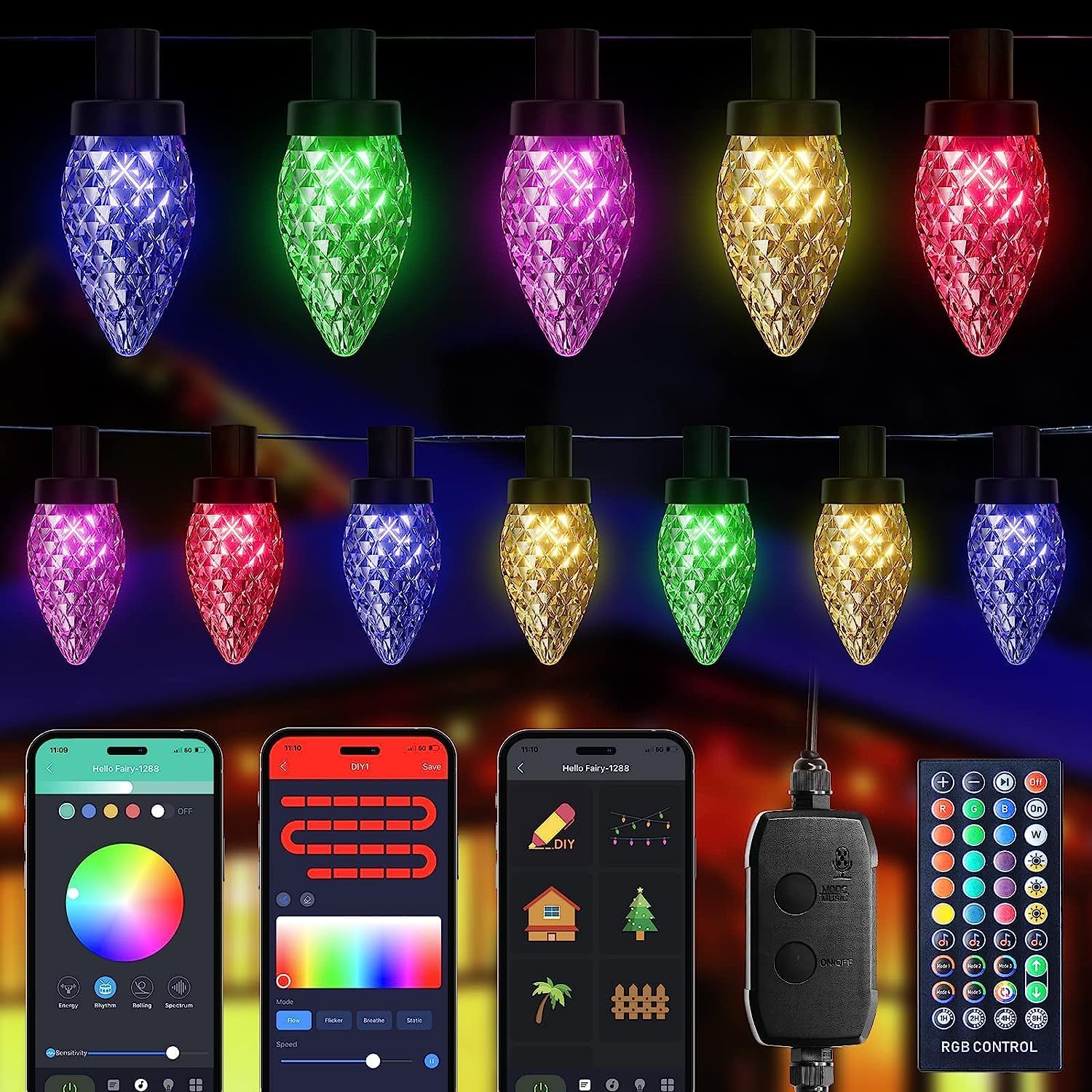 Minetom Luces de Navidad inteligentes C9 RGB, 98 pies, 150 luces LED C9 que cambian de color con aplicación remota de sincronización de música, tira