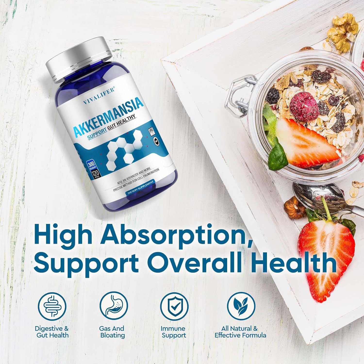 VIVALIFER Naturals Akkermansia Probiotic 300 millones de AFU – para la salud digestiva, inmune y general, apoyo intestinal y GLP-1, 120 cápsulas