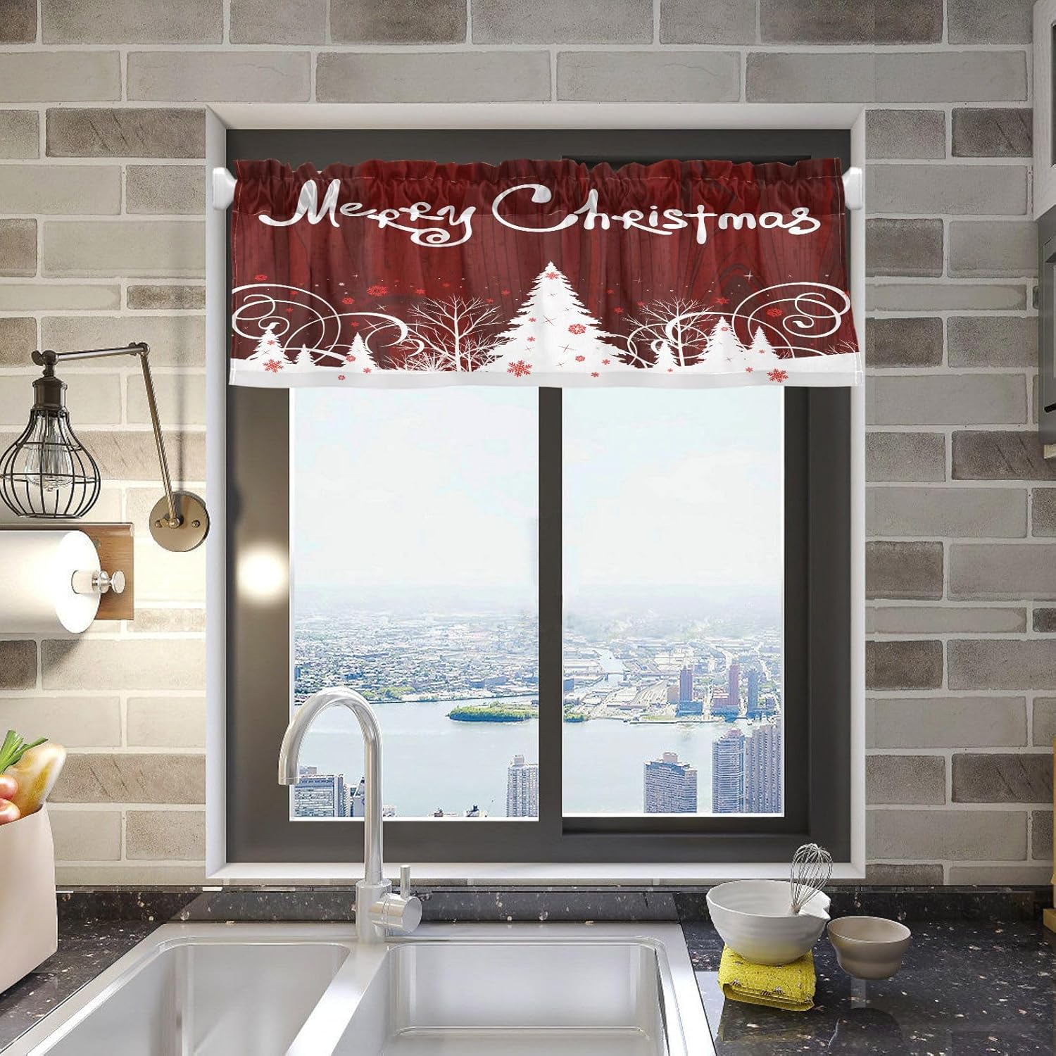 SUABO Cenefas de Feliz Navidad para ventanas, cenefas de cortinas de cocina, cenefas con bolsillo para barra, para cocina, sala de estar,