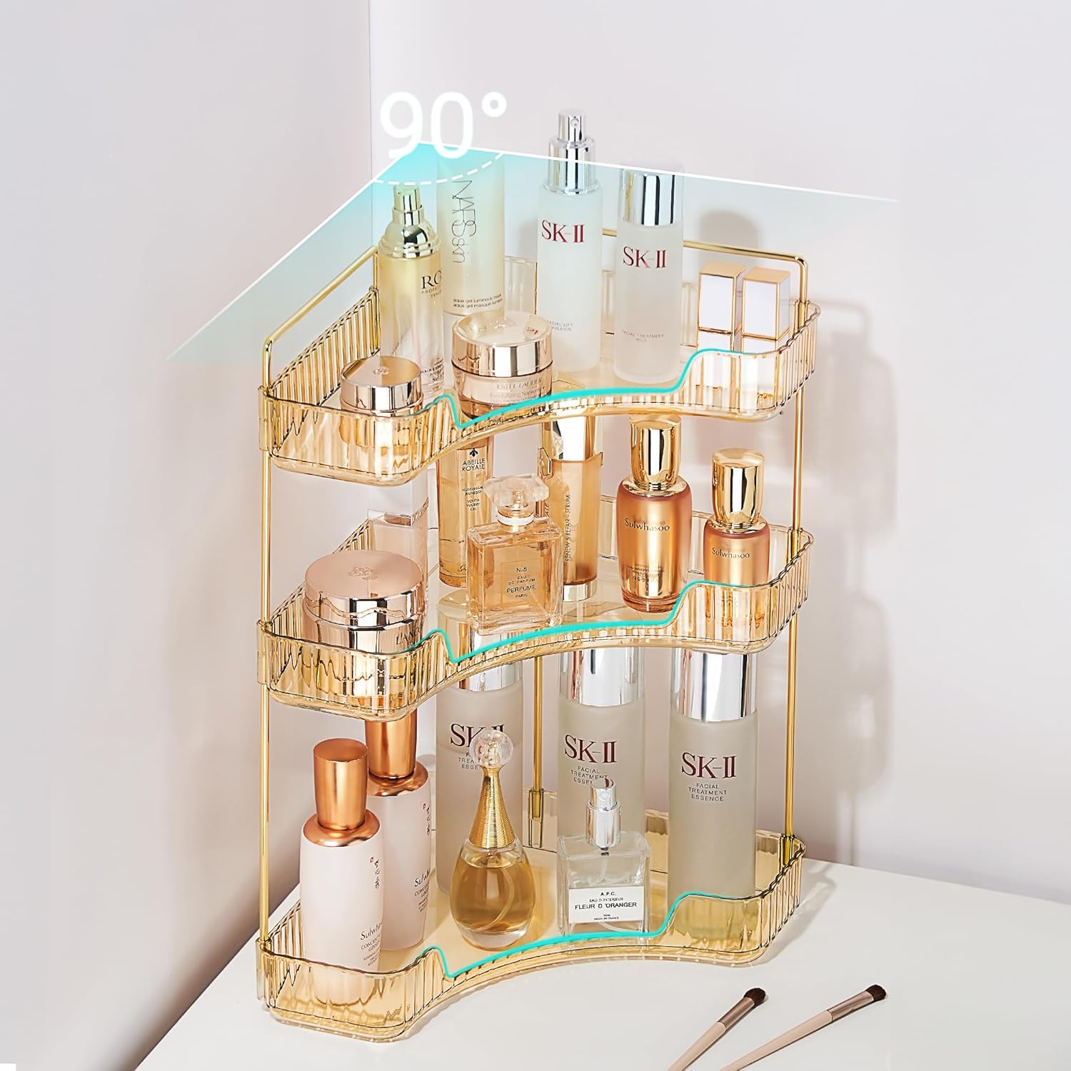Organizador de maquillaje para esquina de baño, soporte organizador de maquillaje ámbar de 3 niveles, estante de perfume acrílico de gran capacidad,