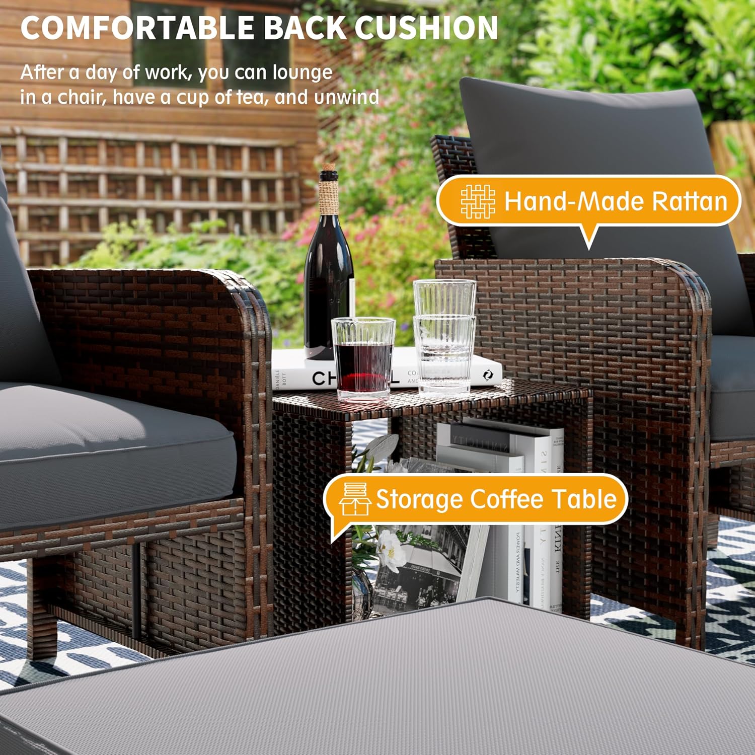 UDPATIO Juego de muebles de balcón con otomana, juego de 5 piezas de muebles de mimbre para patio con reposapiés para porche delantero, espacio