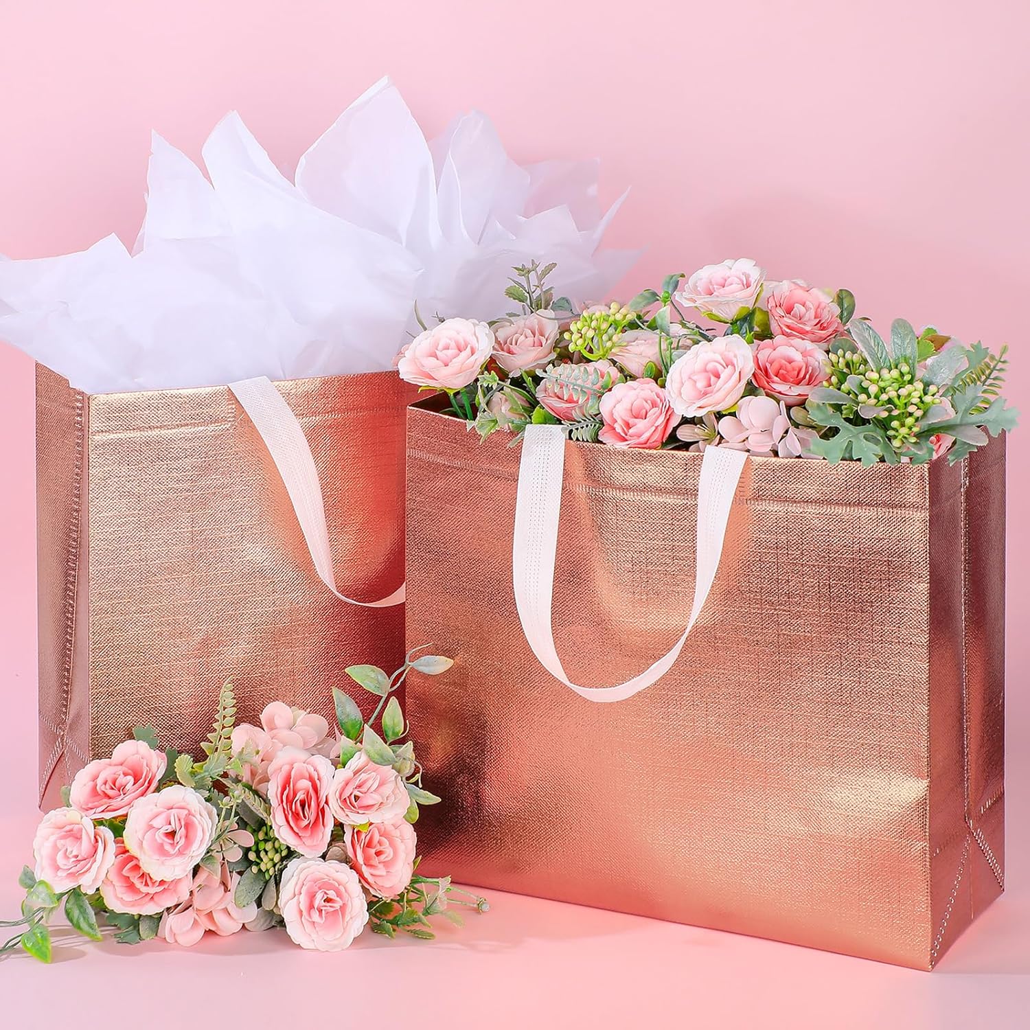 Sweetude 50 bolsas de regalo reutilizables con asas, bolsas de regalo de comestibles con papel de seda con purpurina, bolsas de compras para regalo