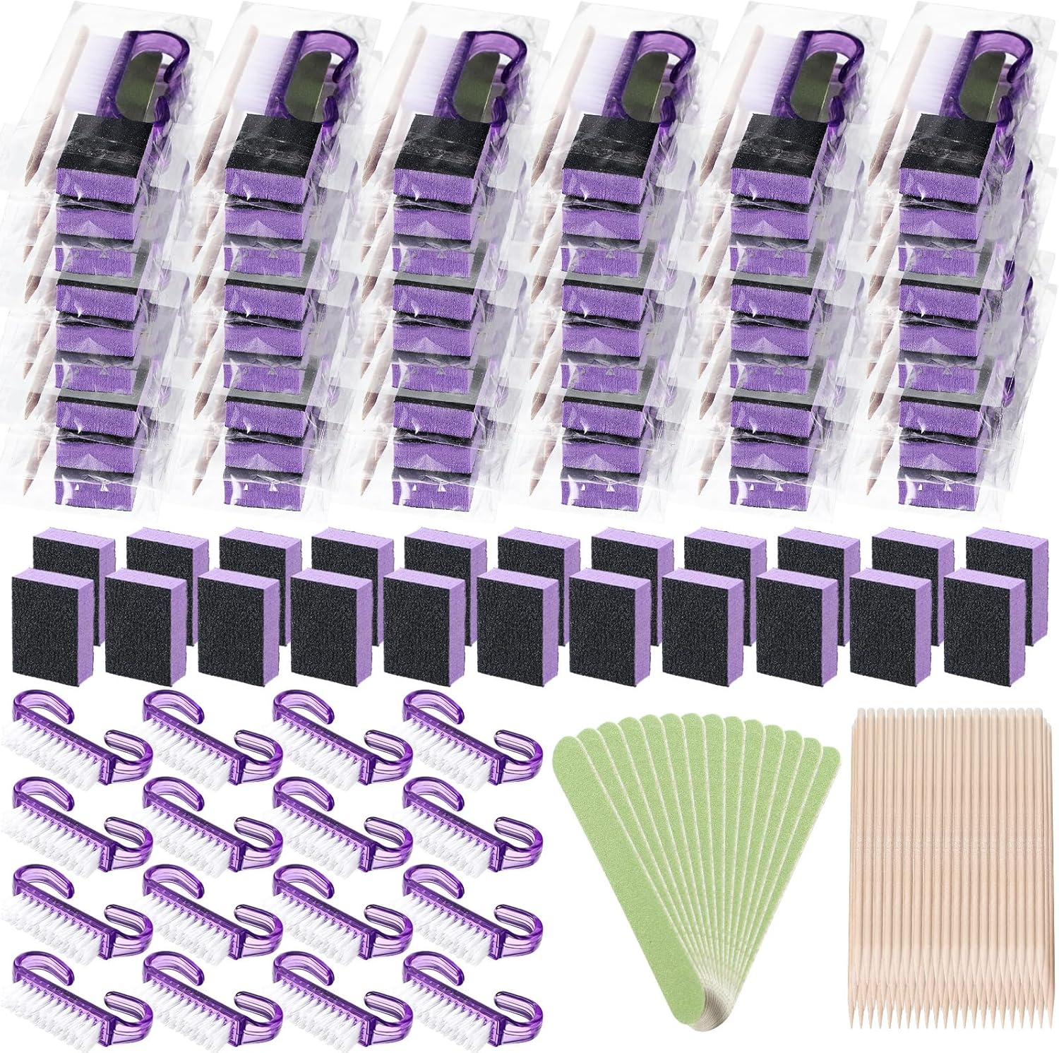 Juego de 100 juegos de manicura desechable profesional, básico de 4 piezas, lima de uñas de madera, grano 100180, mini amortiguador de grano 80100,